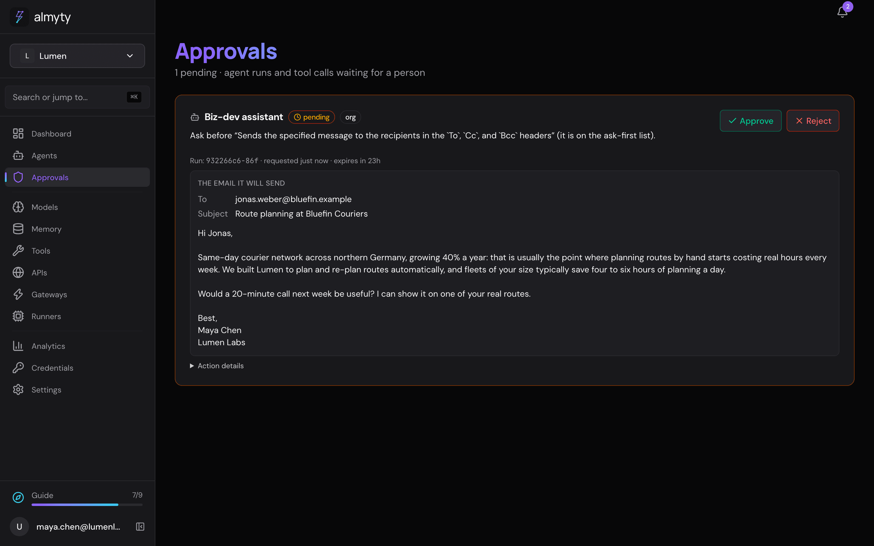 An outreach email waiting for approval: who it goes to, the subject and the full text