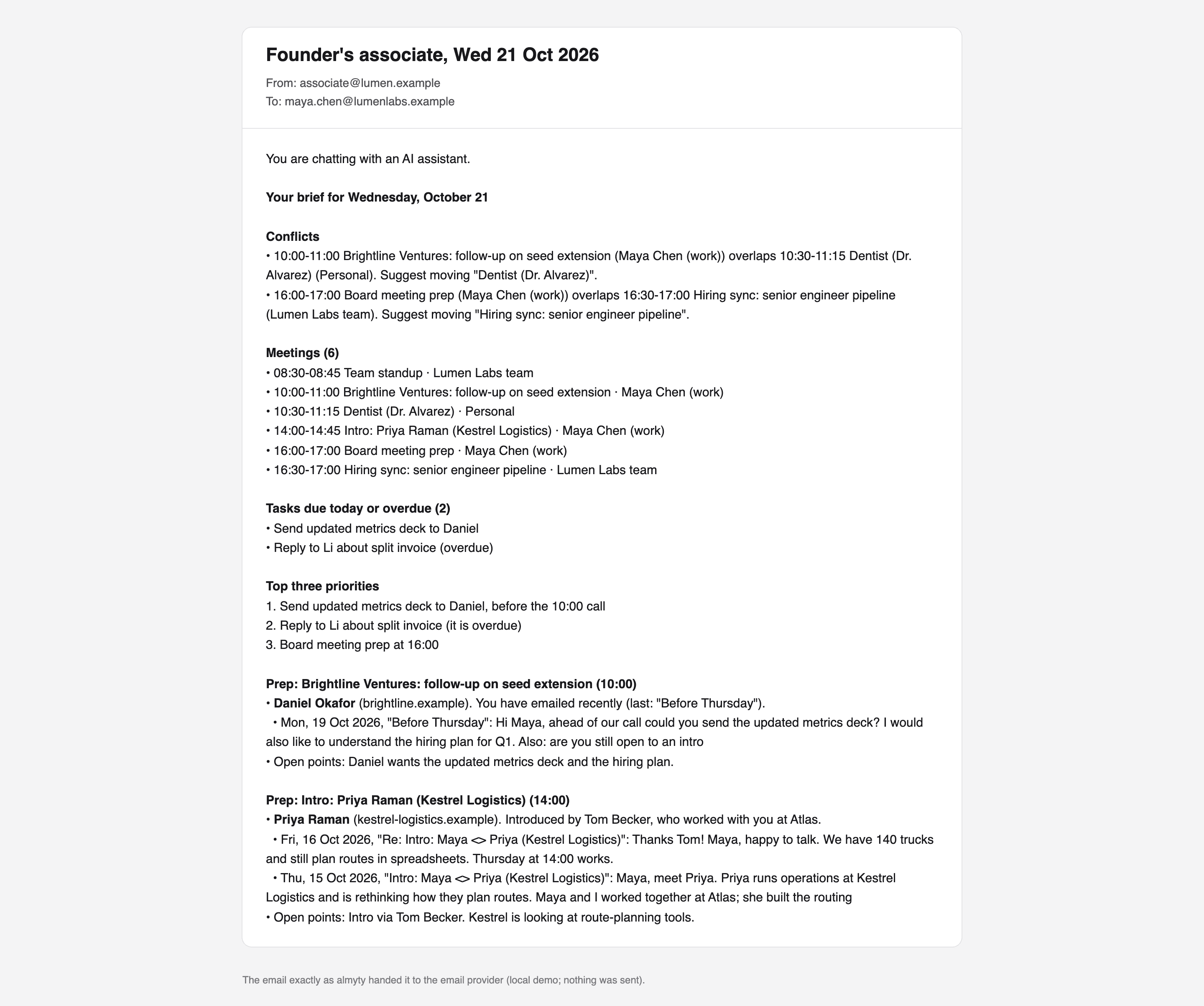 The morning brief as it arrives by email: two clashing meetings, the day in order, two tasks, three priorities and prep notes