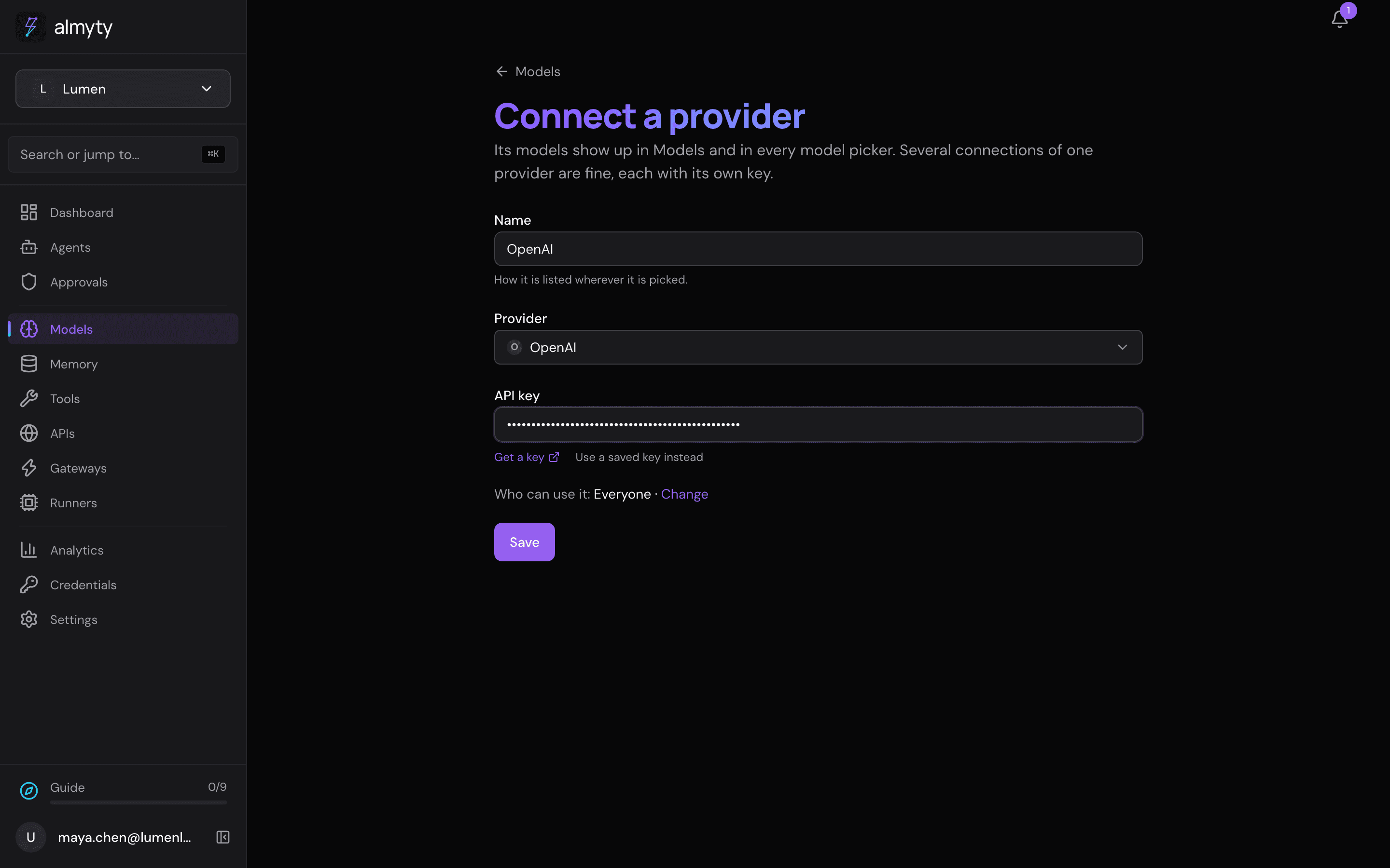 Connect a provider, with OpenAI picked and the key pasted