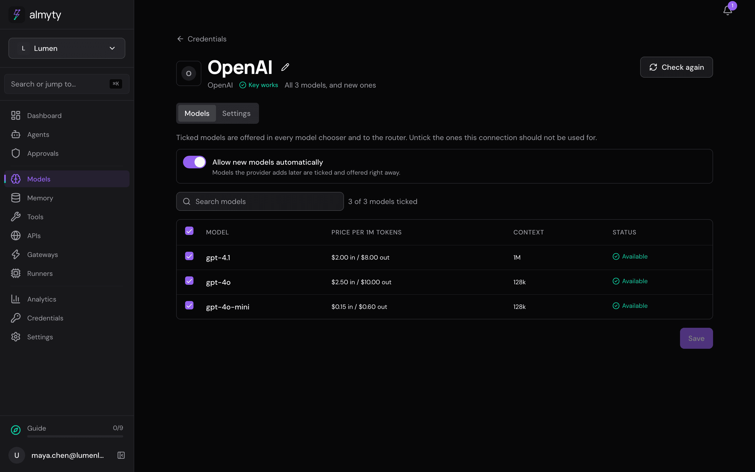 OpenAI connected: Key works, and its models with their prices