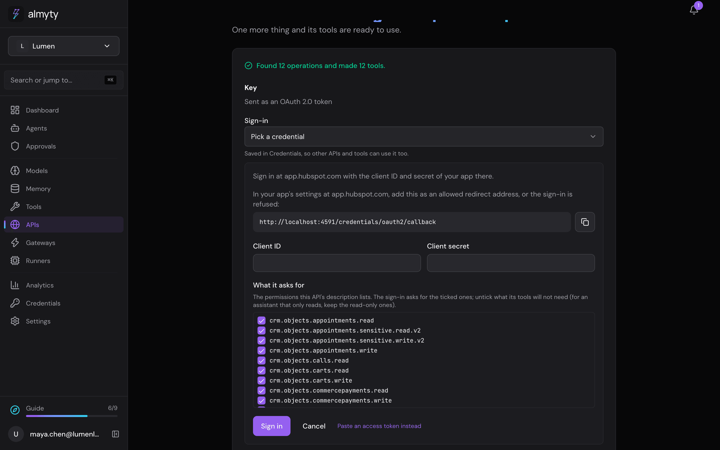 The HubSpot sign-in form, with Paste an access token instead
