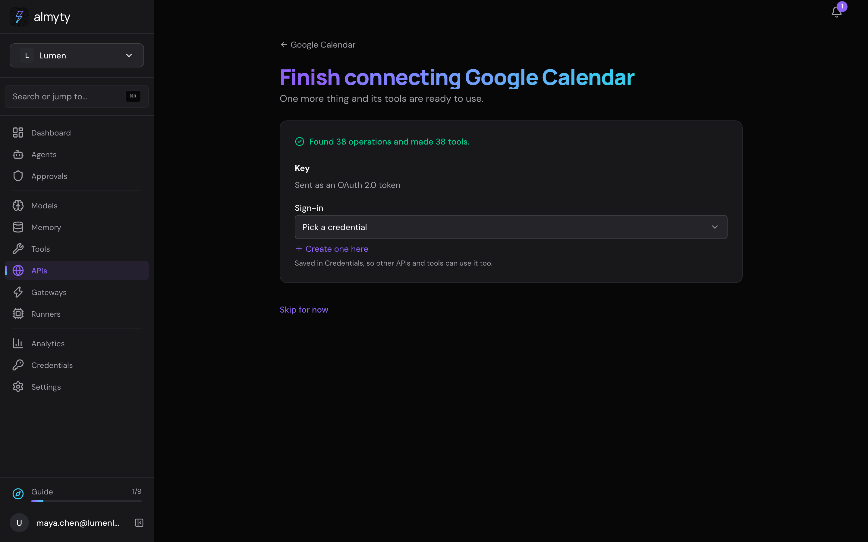 Finish connecting Google Calendar: 38 tools made, and a Google sign-in needed
