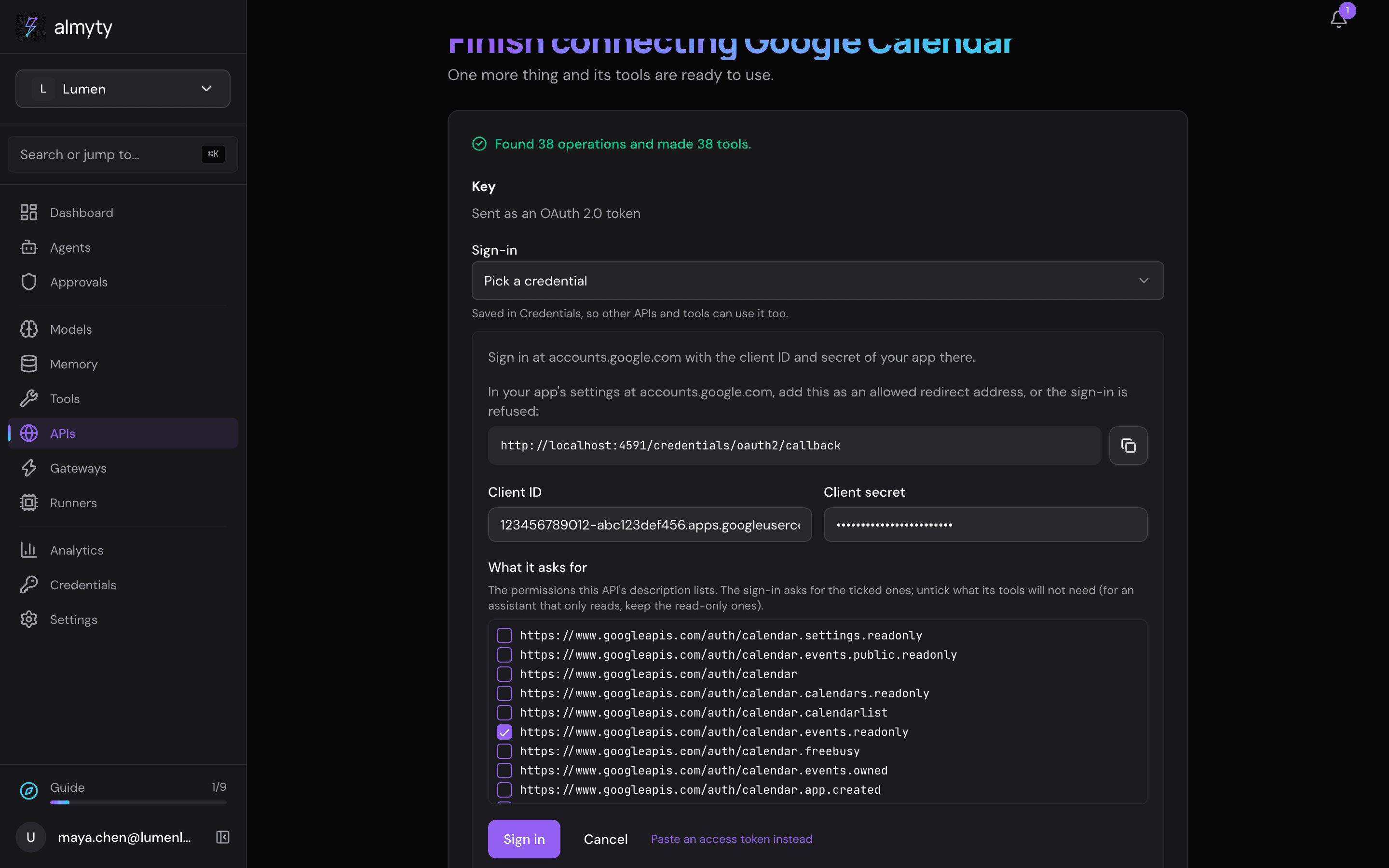 The Google sign-in form: the redirect address to copy, the client ID, the client secret and the permissions it asks for