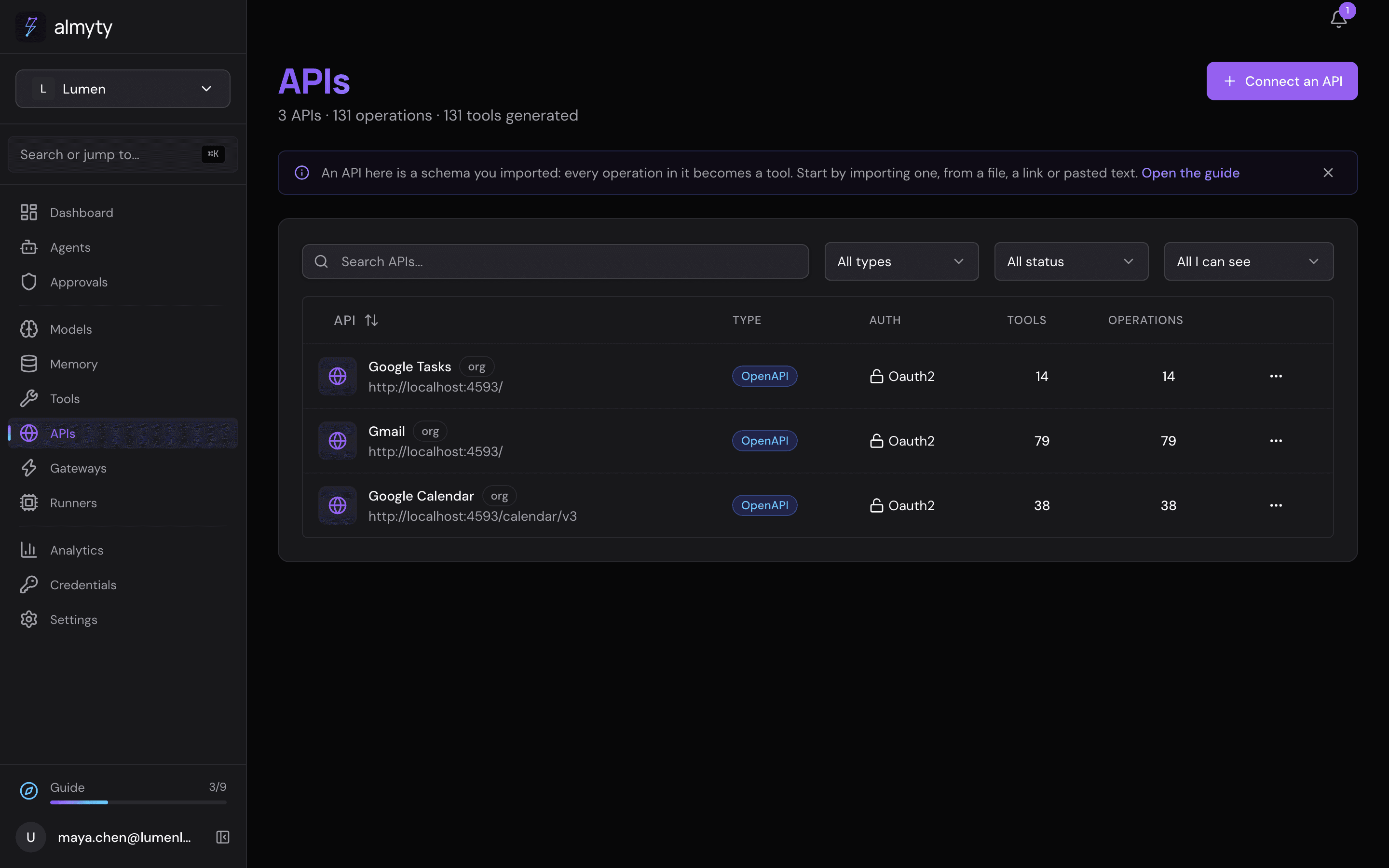 The three Google APIs: Gmail with 79 tools, Google Calendar with 38, Google Tasks with 14