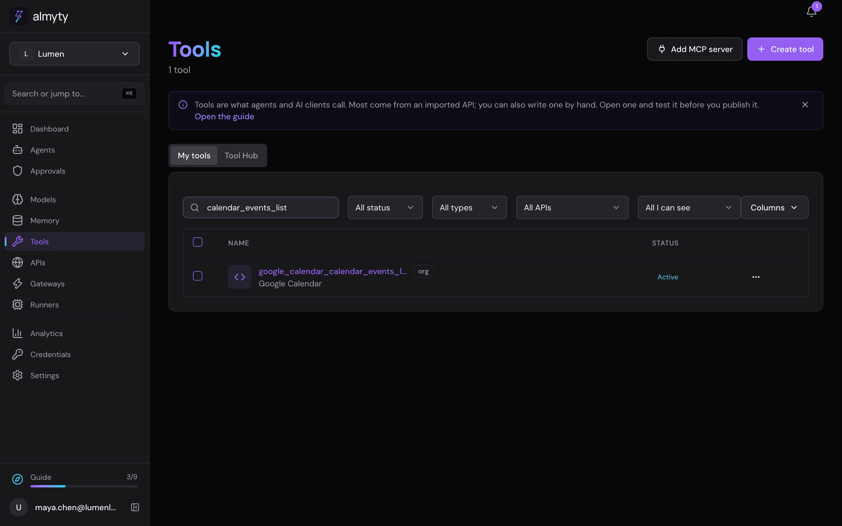 Searching the tools for calendar_events_list