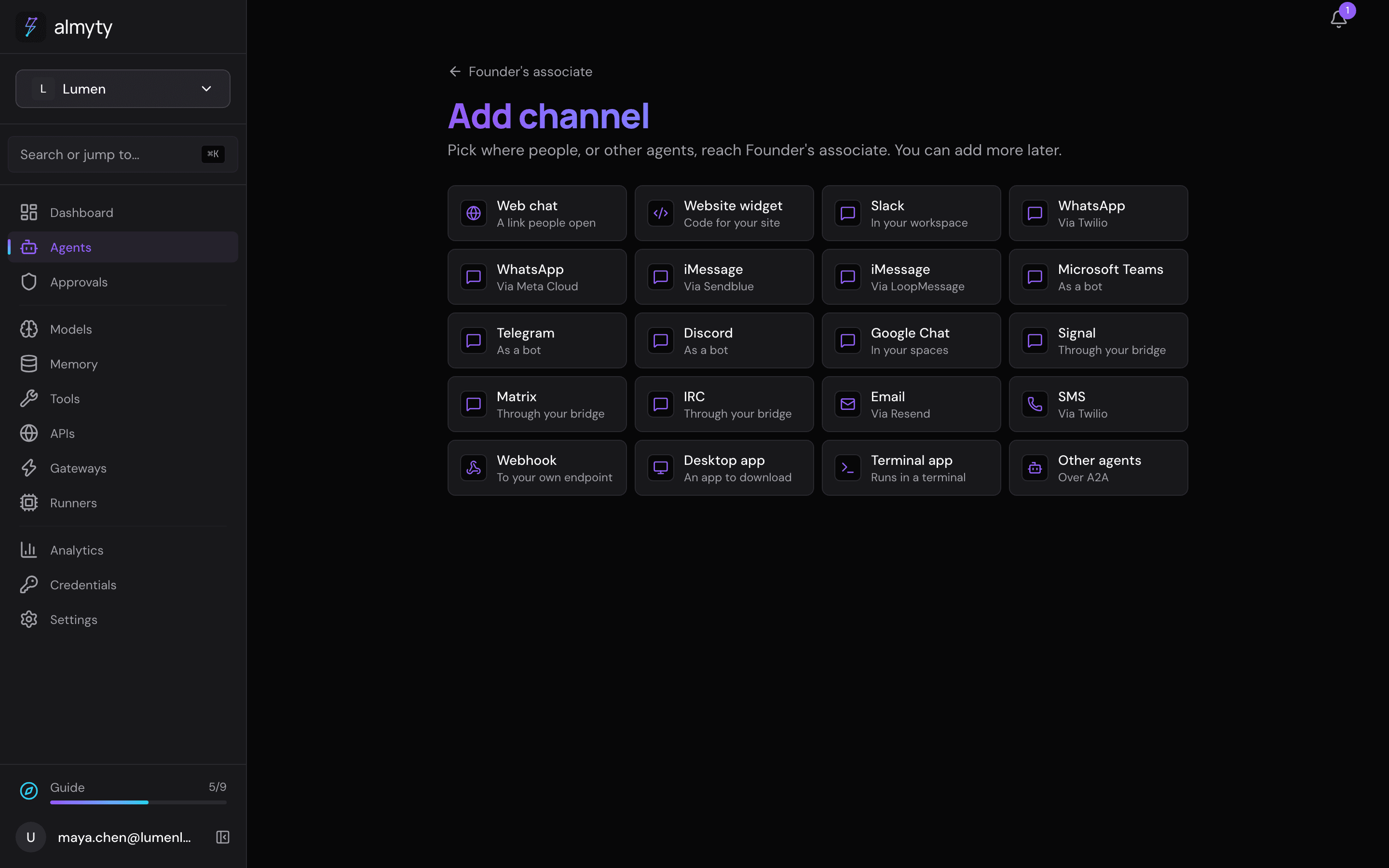 Add channel: pick Email