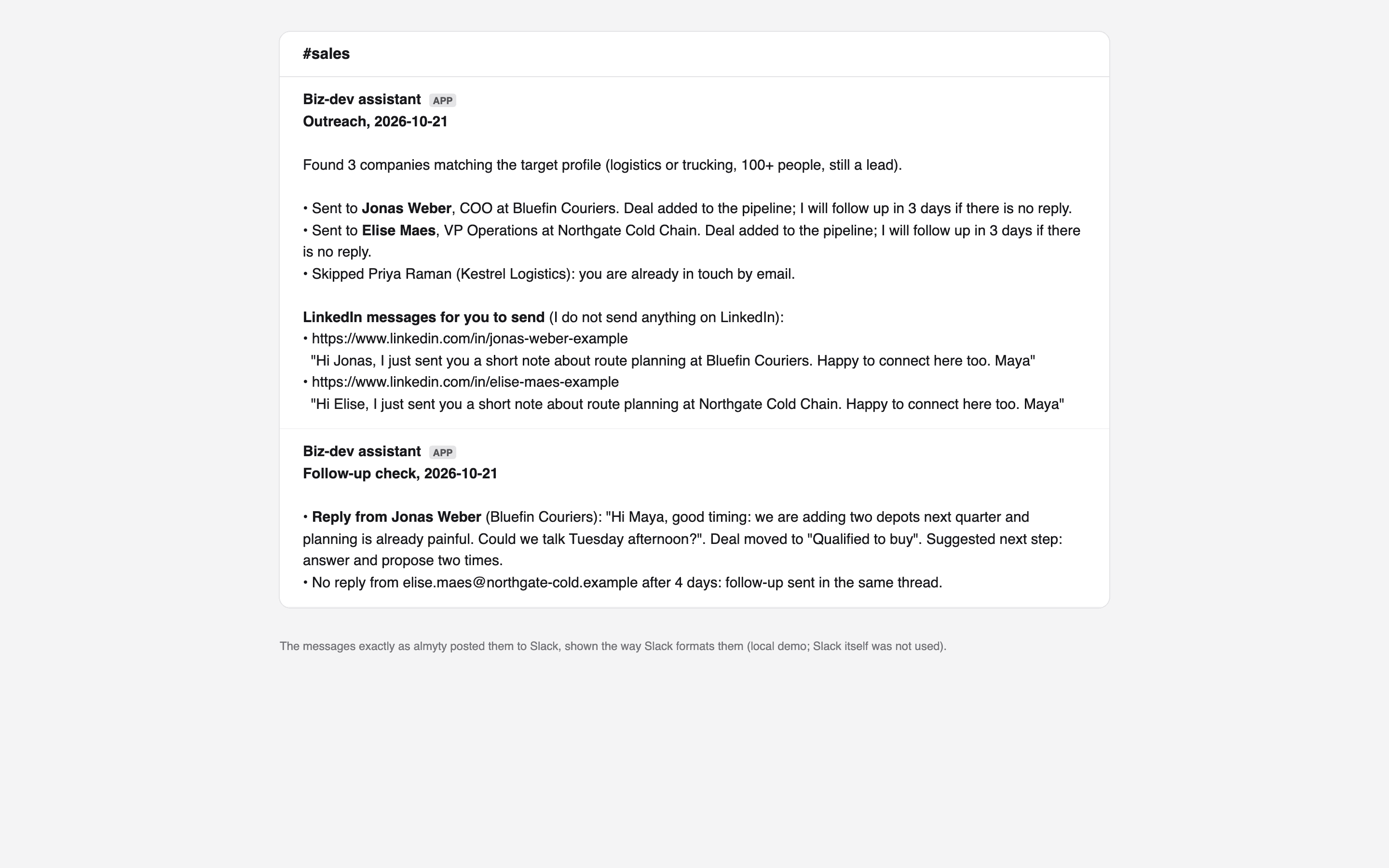 The reports in Slack: the outreach, and the follow-up check a few days later