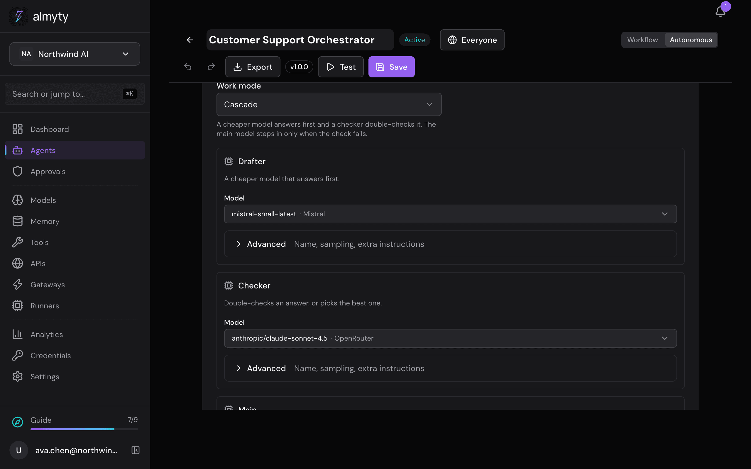 Autonomous agent configuration: instructions, work mode, memory and capabilities