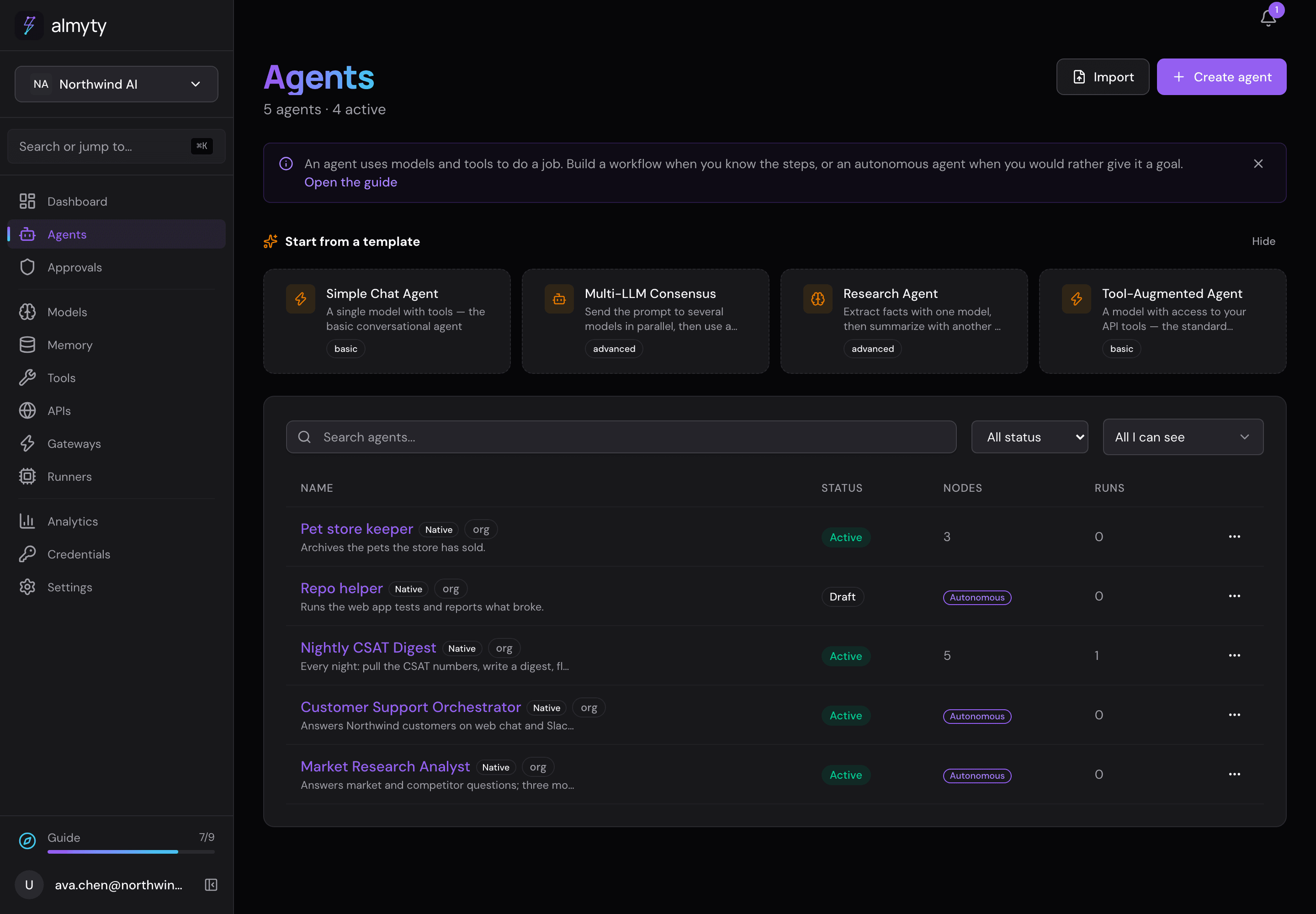 Agents list with mode, status, and last run