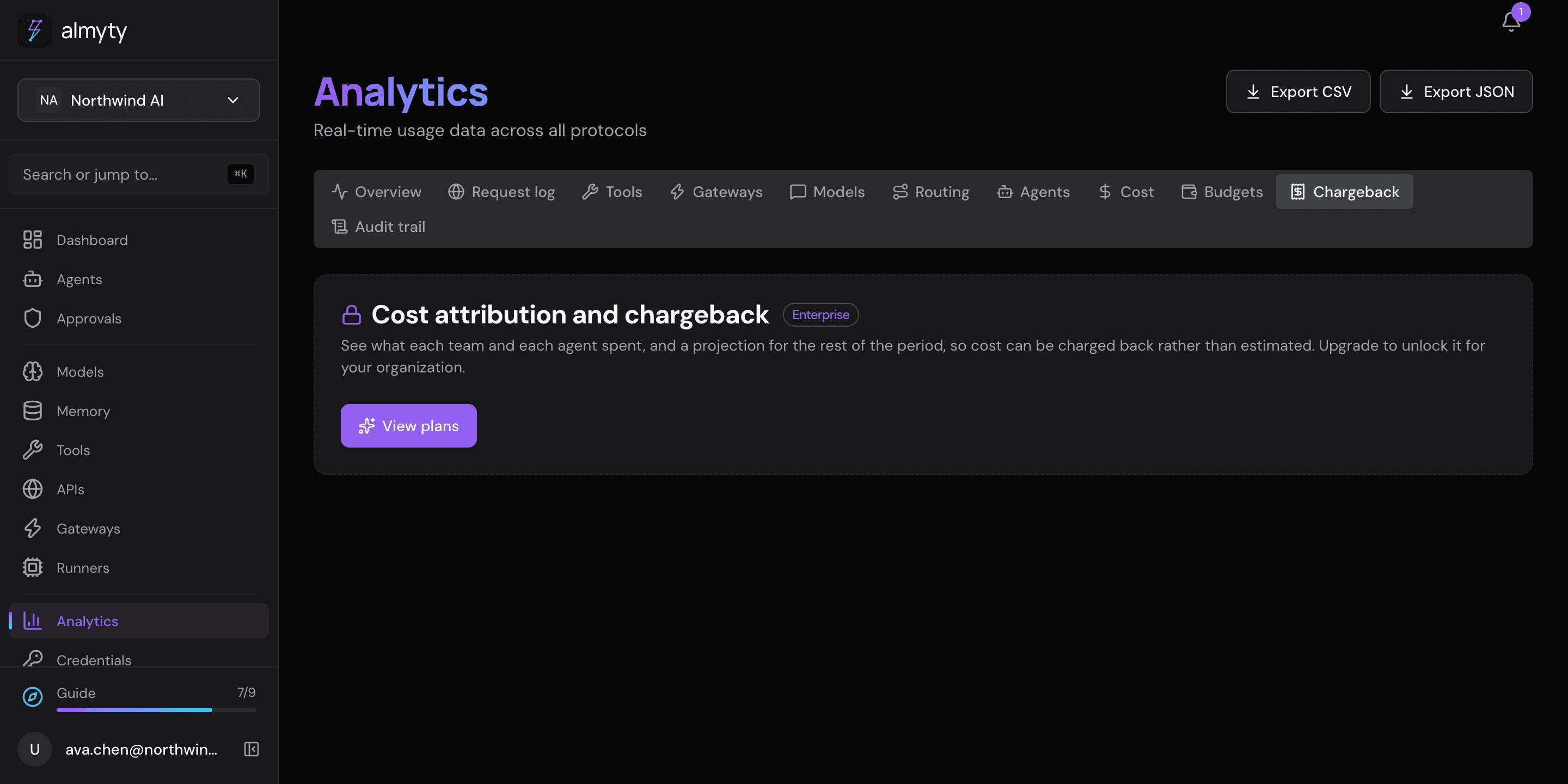 Chargeback locked on a demo organization without the Enterprise plan