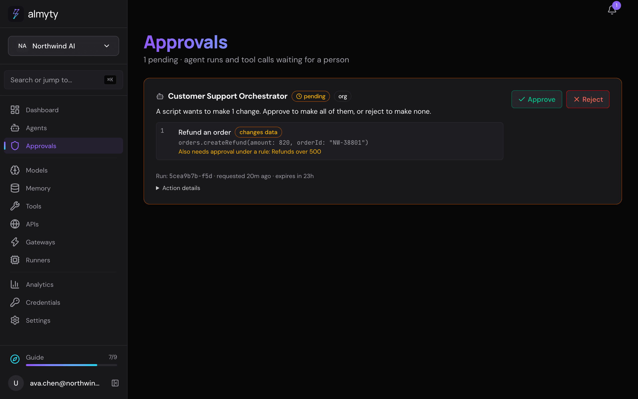 Reviewing a refund approval with its reason and amount