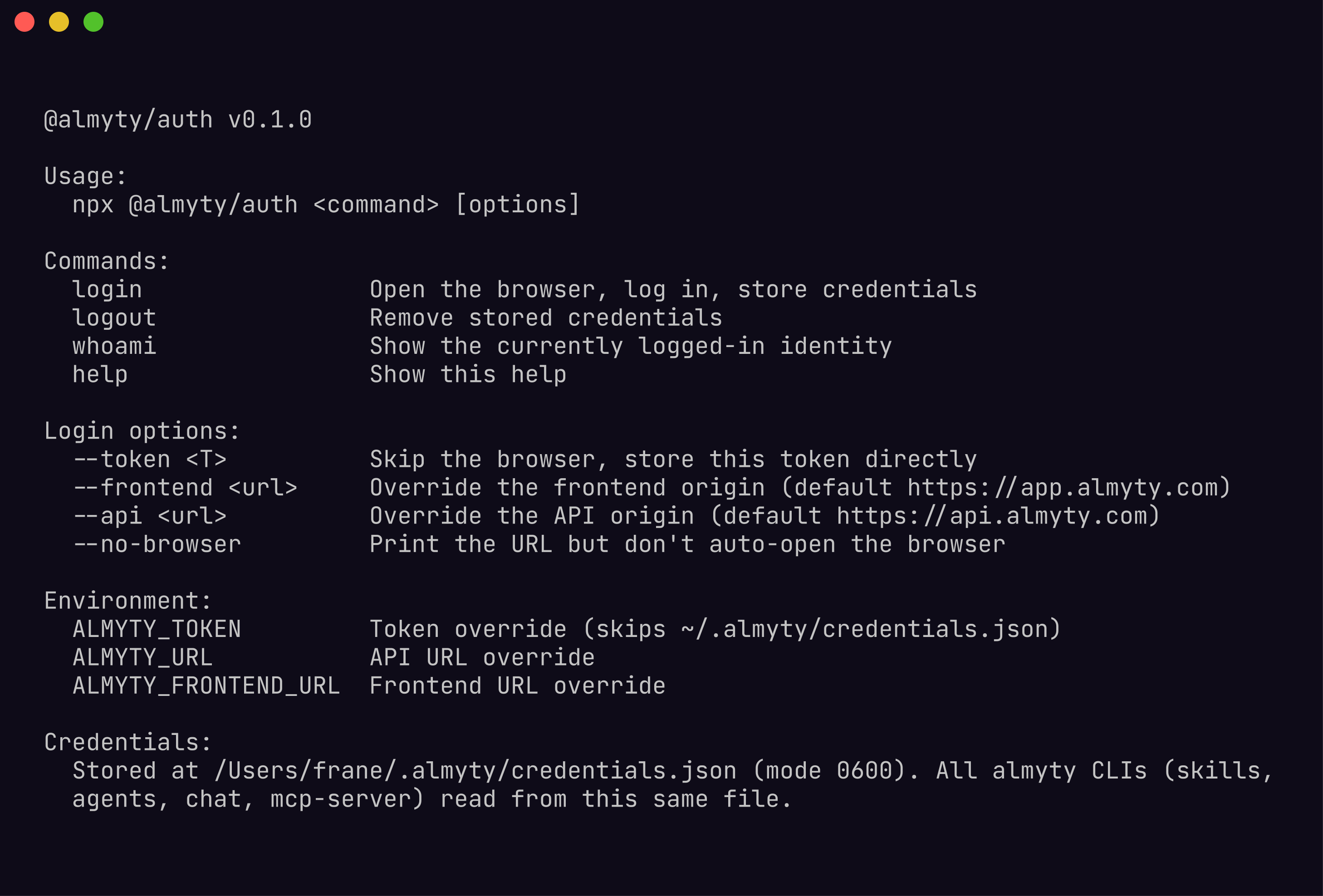@almyty/auth CLI help