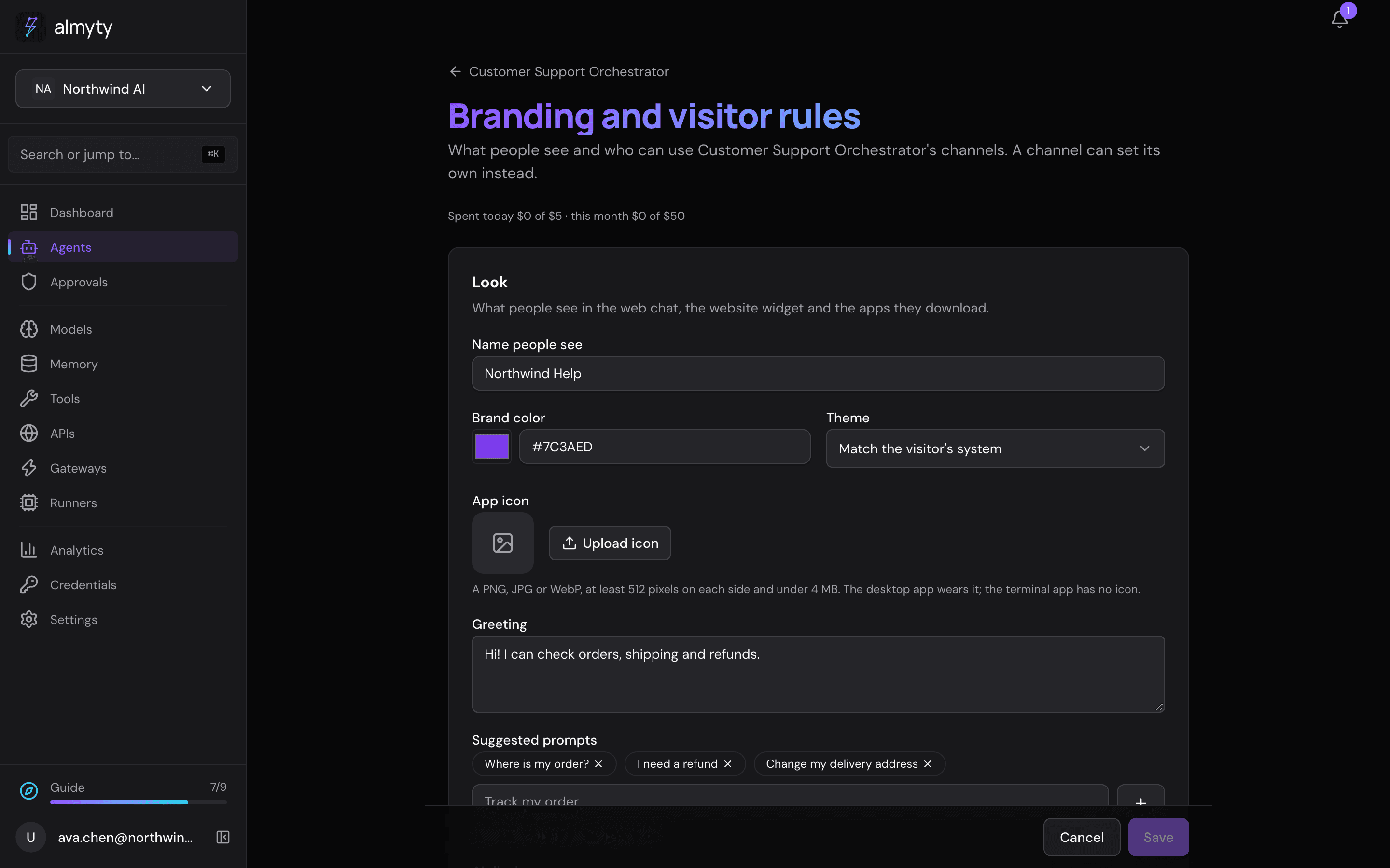Branding and visitor rules, with visitor data controls, spend limits and message limits