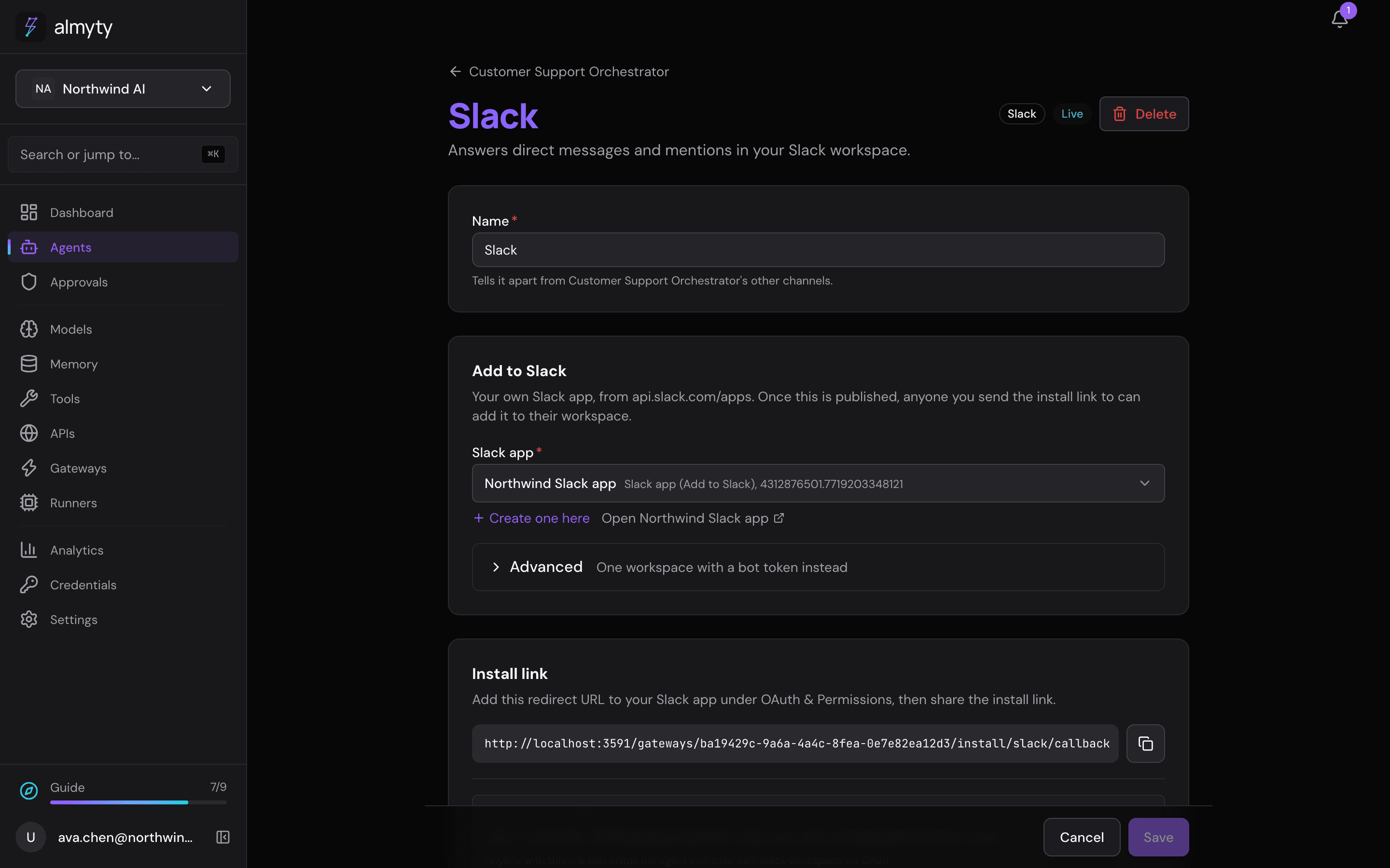 The Slack channel with its keys