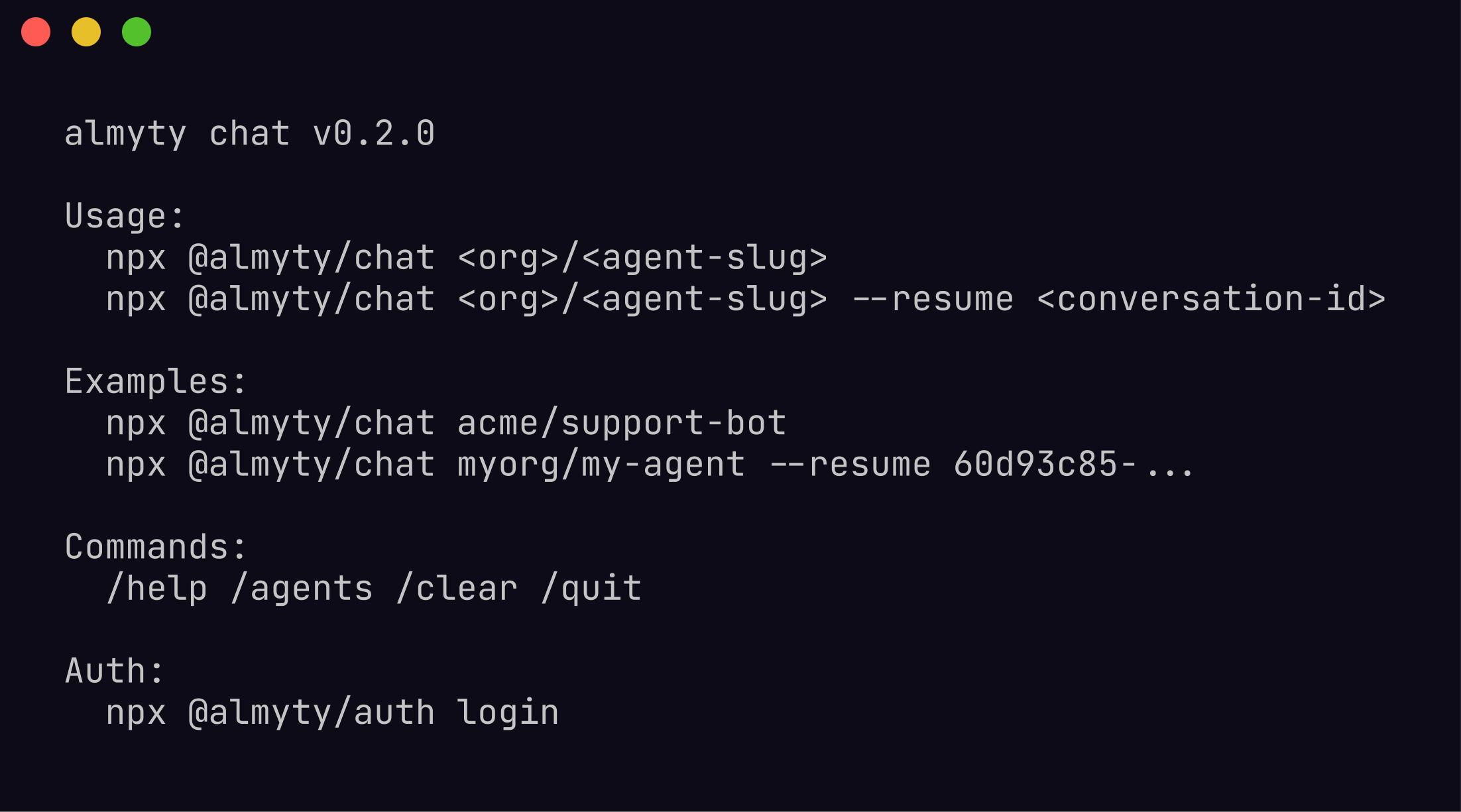 @almyty/chat CLI help