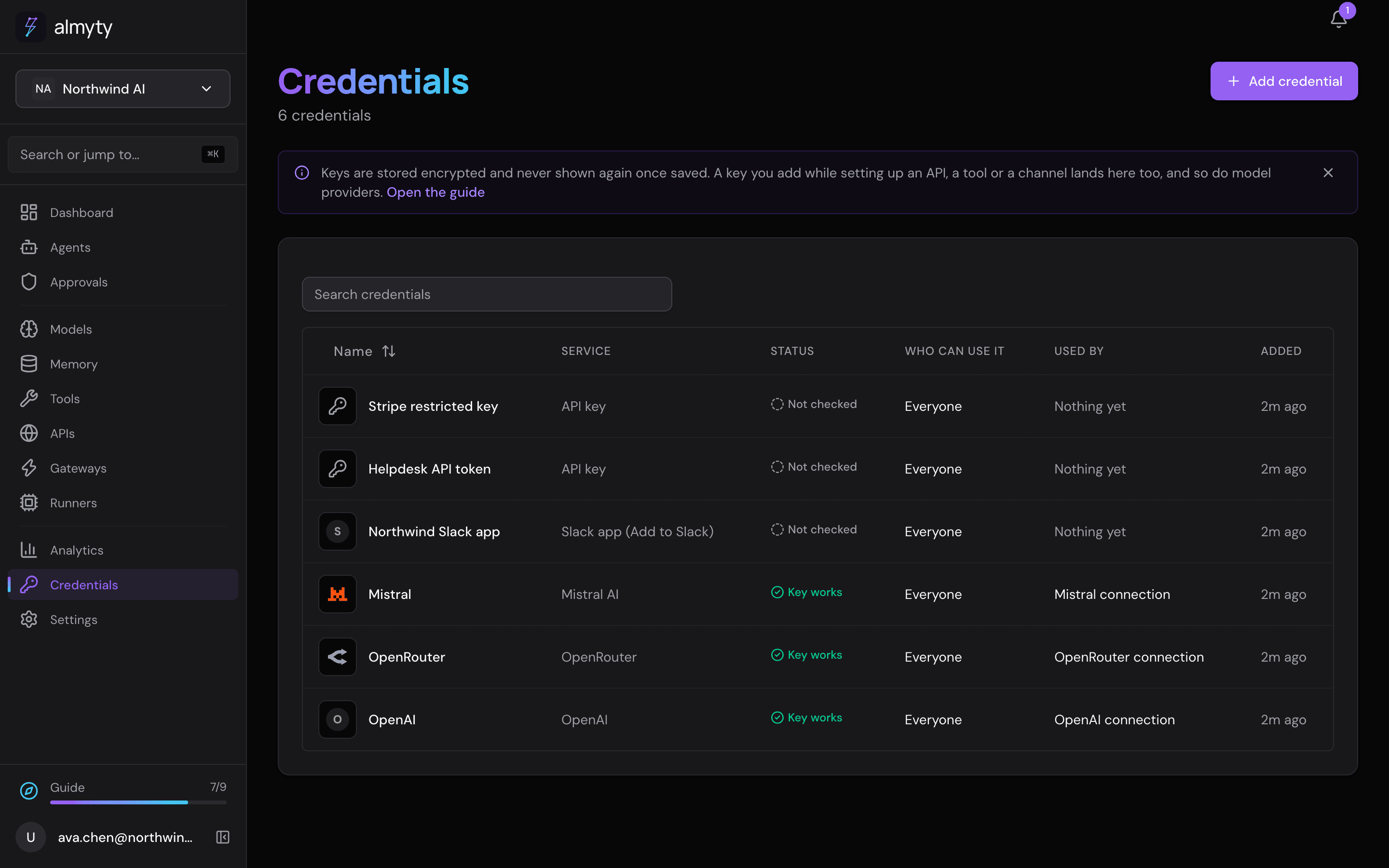 The Credentials page: every key in one table, including model provider keys