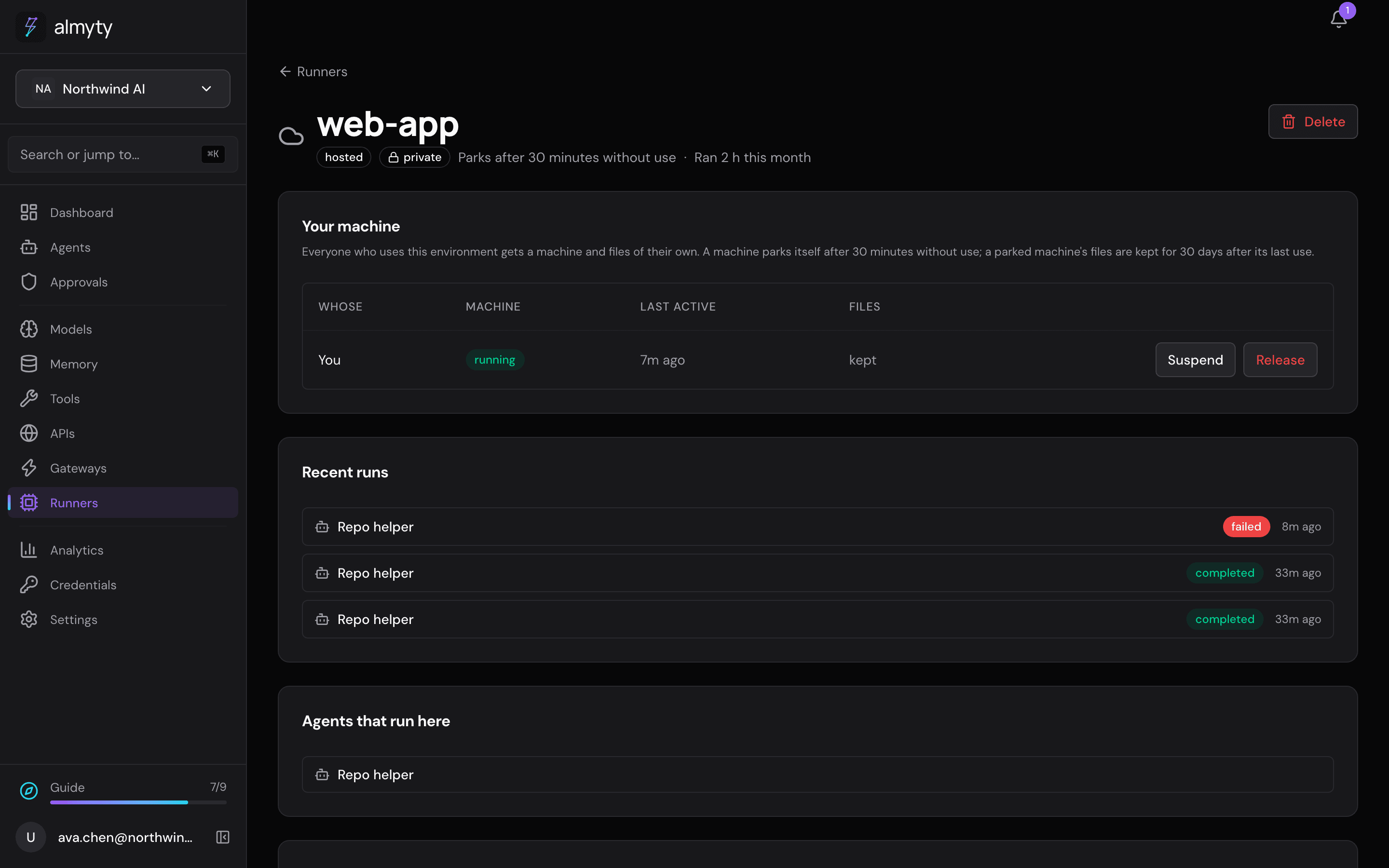 An environment's page: your machine, recent runs, and its settings