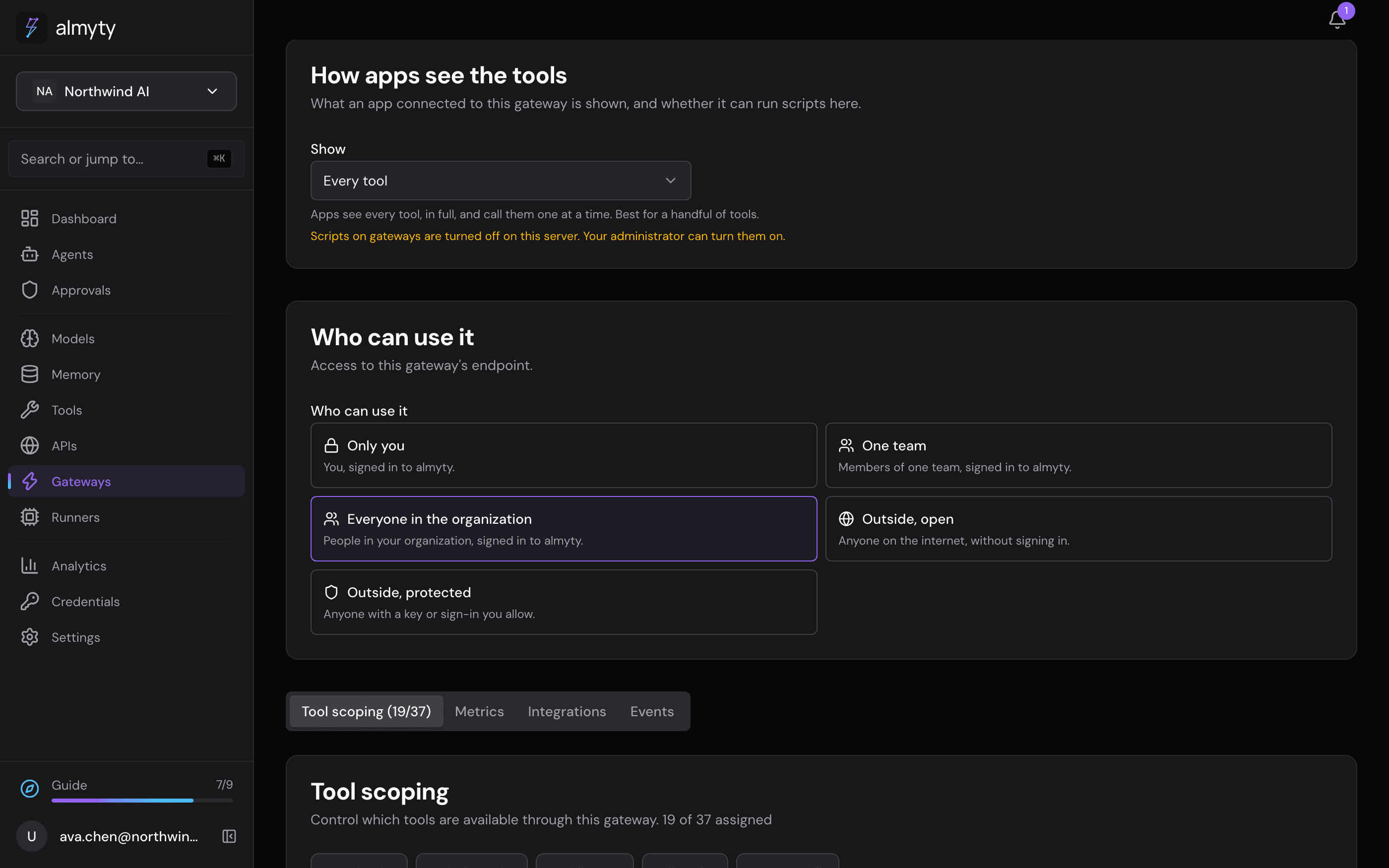 A gateway set to search and scripts, asking a person before changes