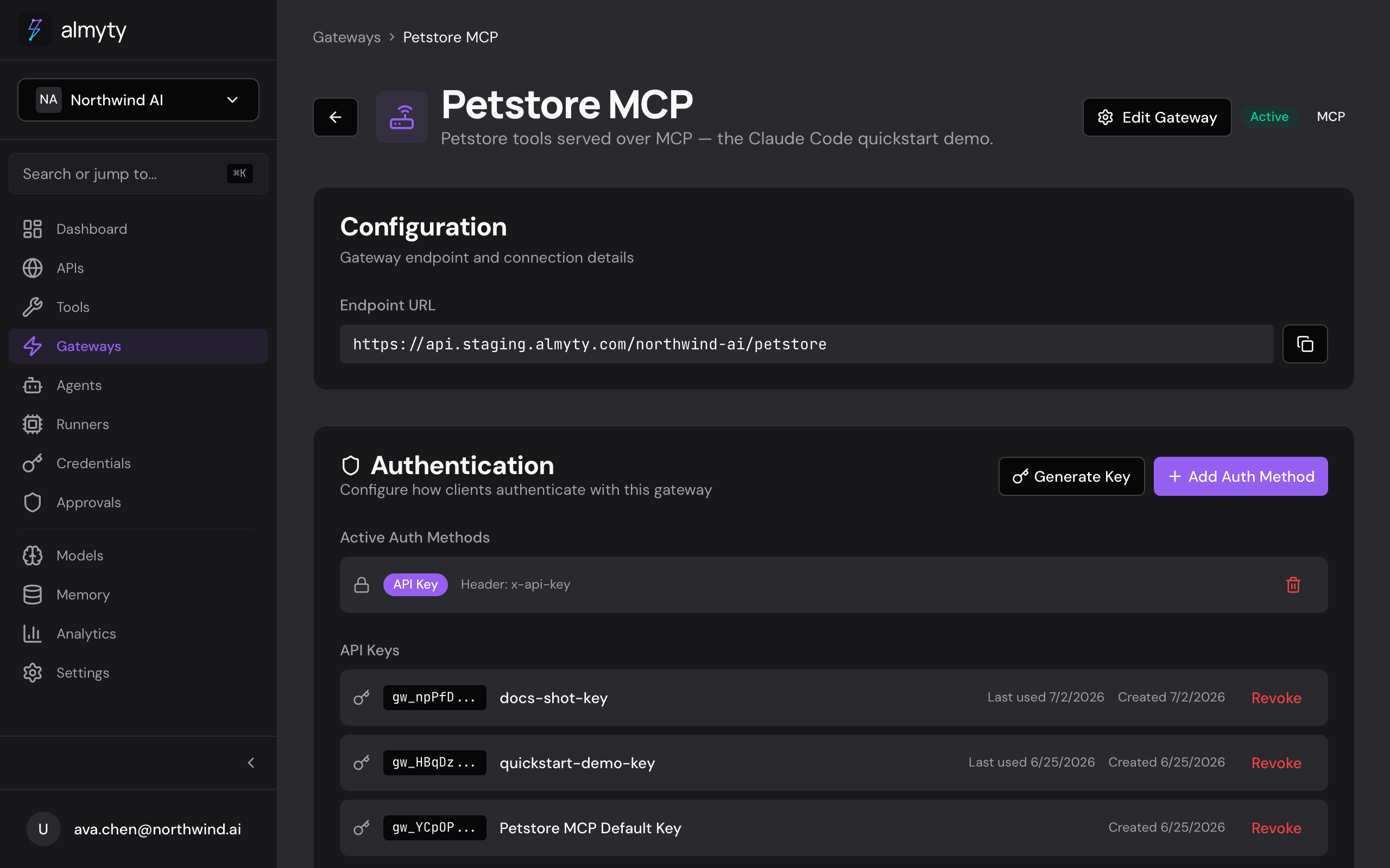 The Petstore MCP gateway, endpoint, API keys, and tool scoping
