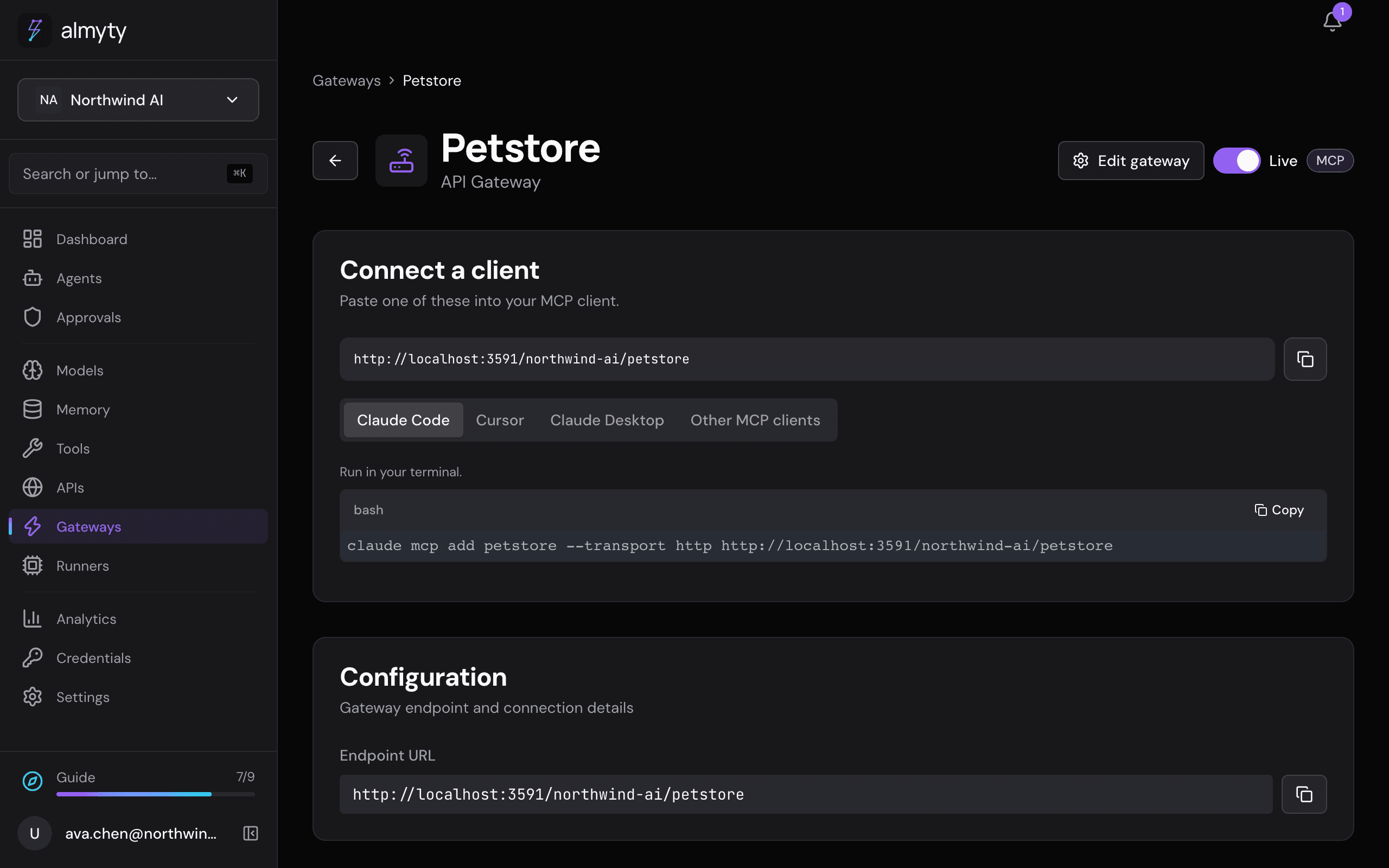 The Petstore gateway, with its keys and tool scoping