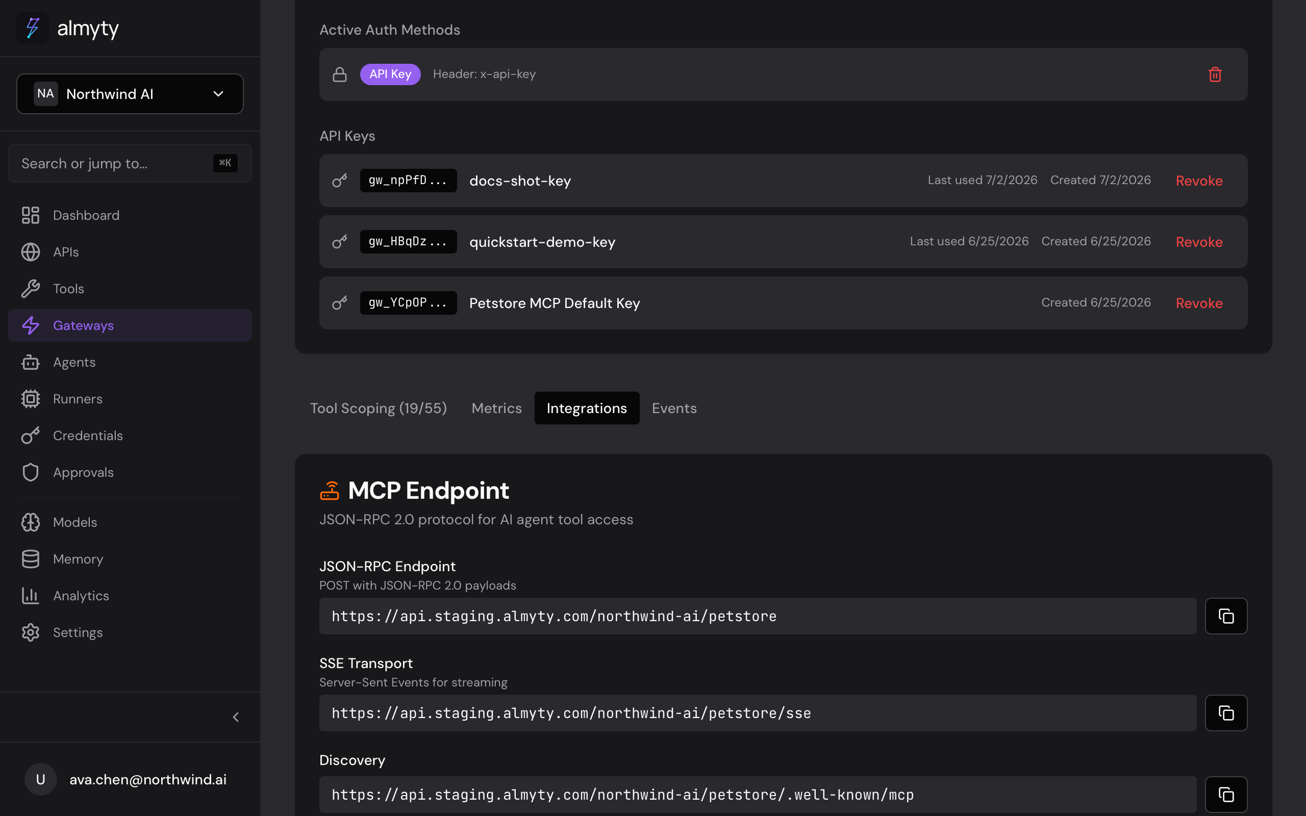 A gateway's MCP endpoint, SSE, and discovery URLs