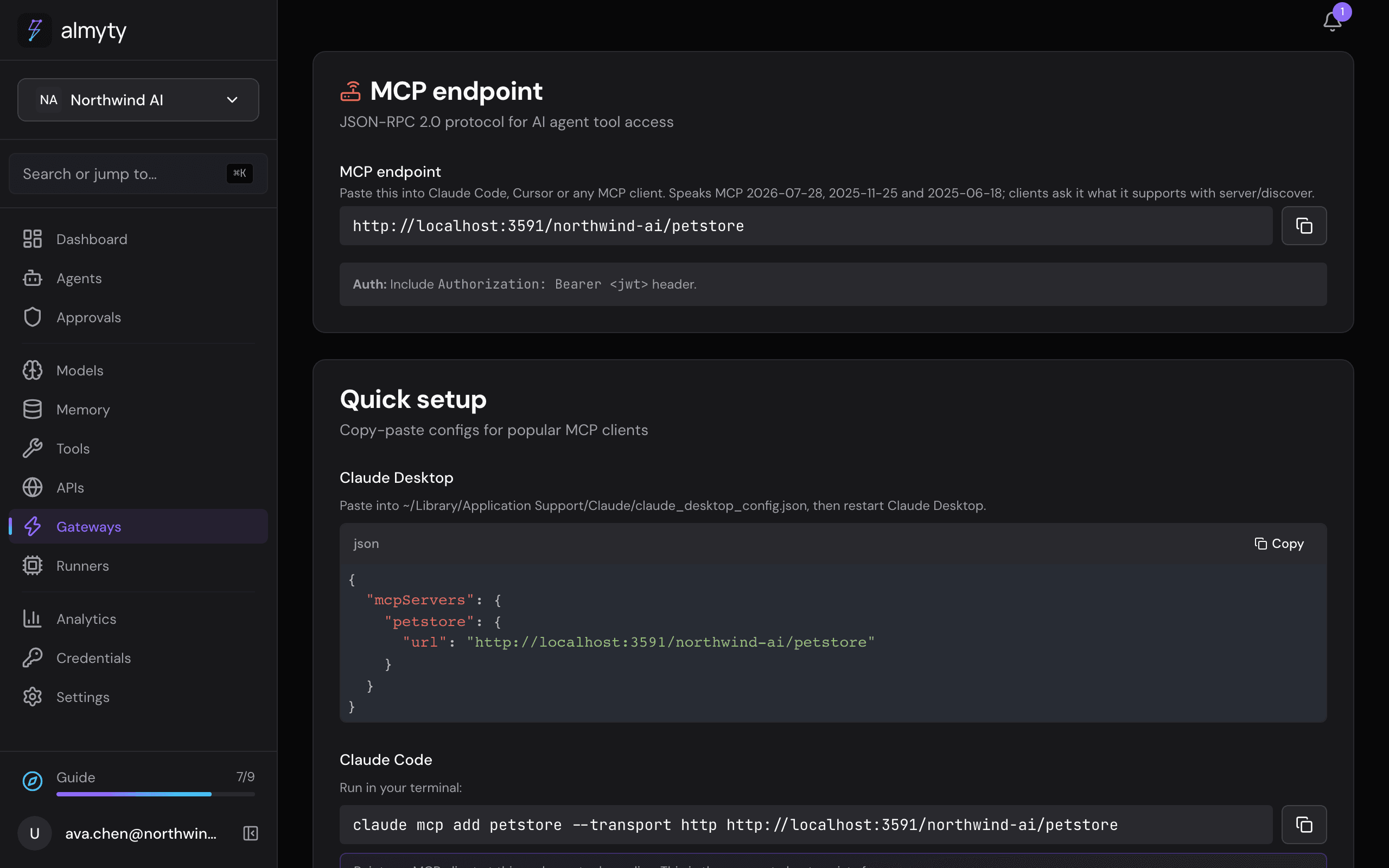 A gateway's MCP endpoint, SSE, and discovery URLs