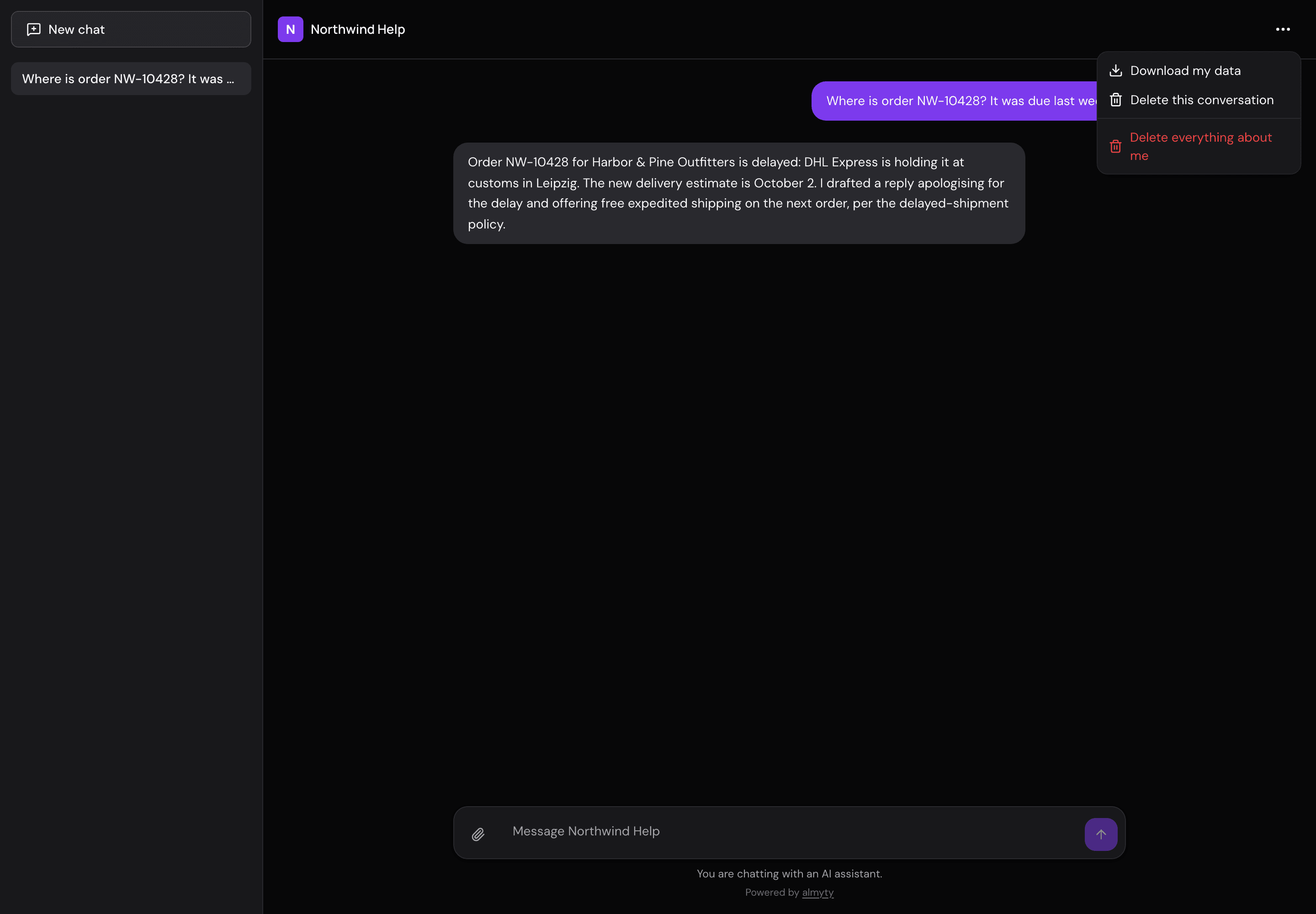 The hosted chat privacy menu with export and deletion controls