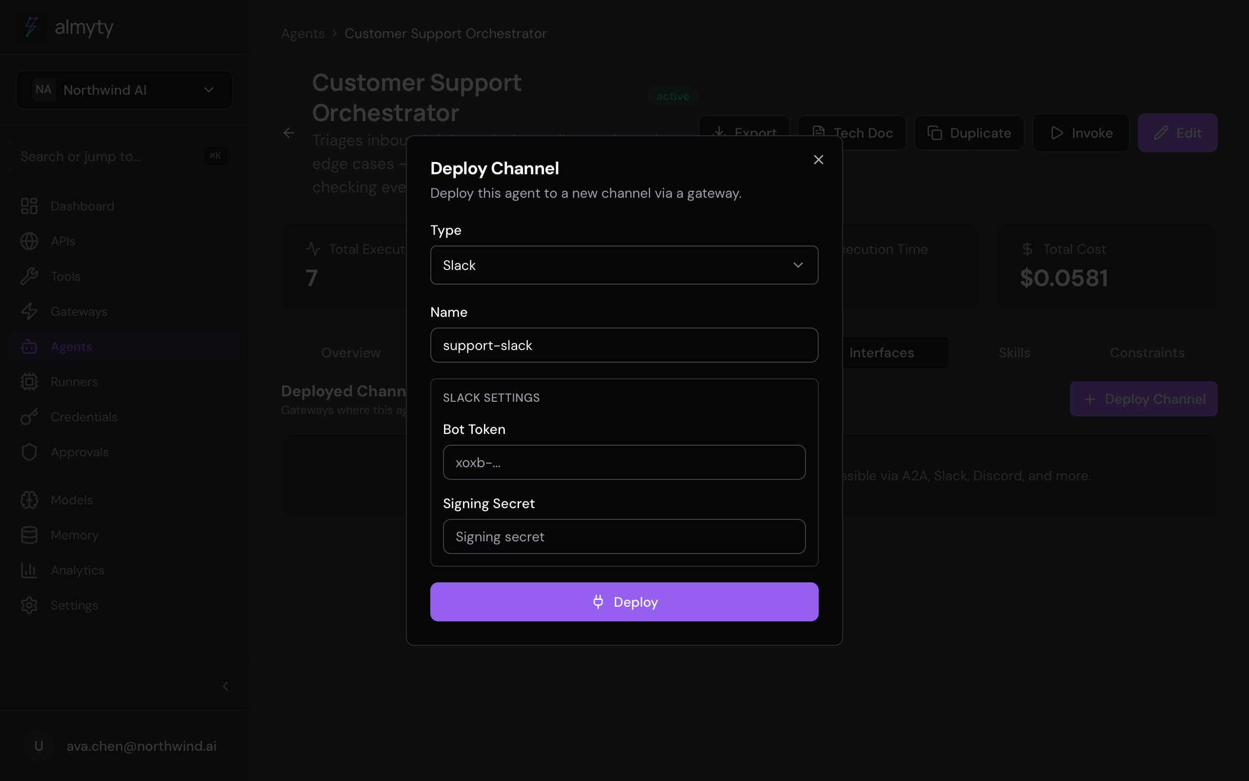 Deploying a channel on an agent: pick the platform, name it, paste its credentials