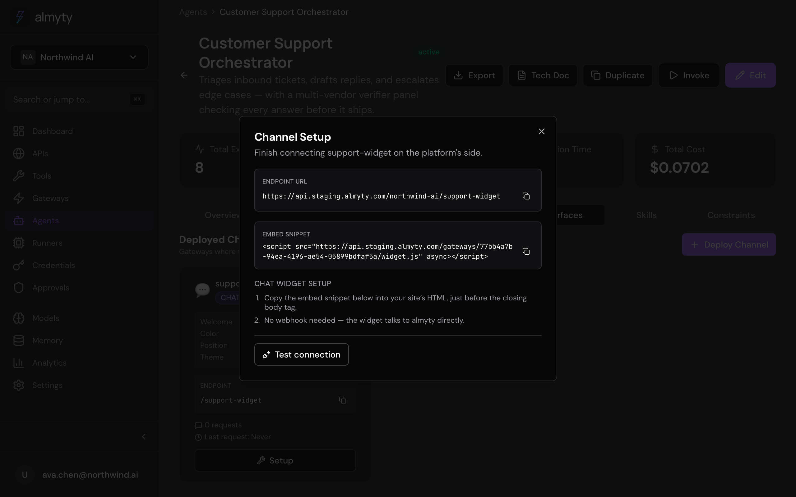 The Channel Setup panel: your exact webhook URL or embed snippet, the platform-side checklist, and a live connection test