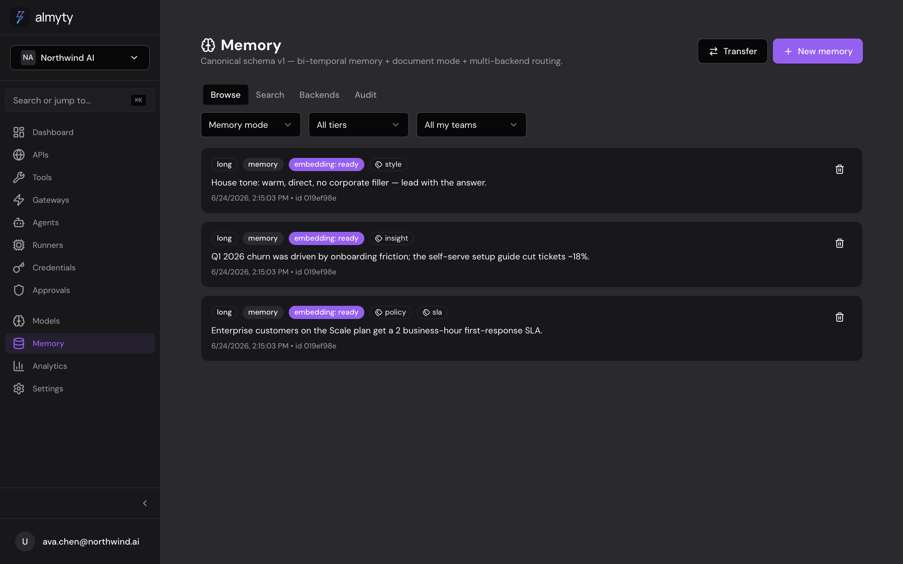The Memory page: entries with their tier and bi-temporal/backend views