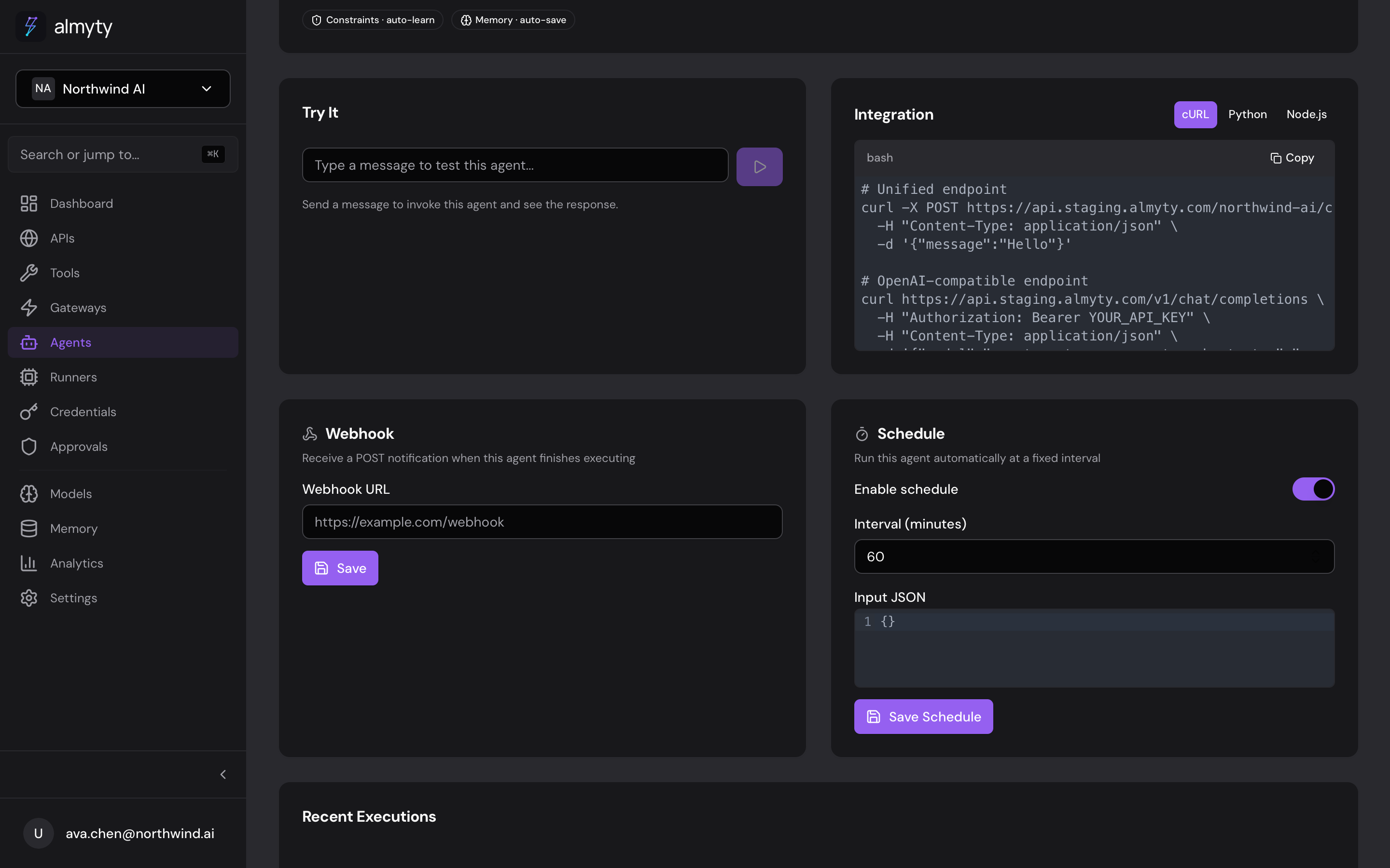 The Schedule config on an agent: enable, interval in minutes, optional input JSON