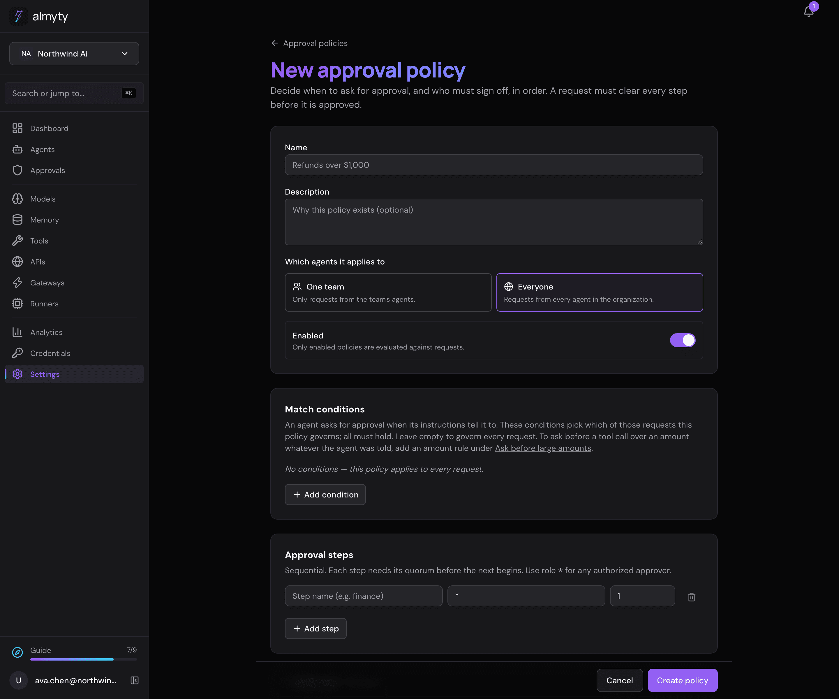New approval policy editor with match conditions and steps