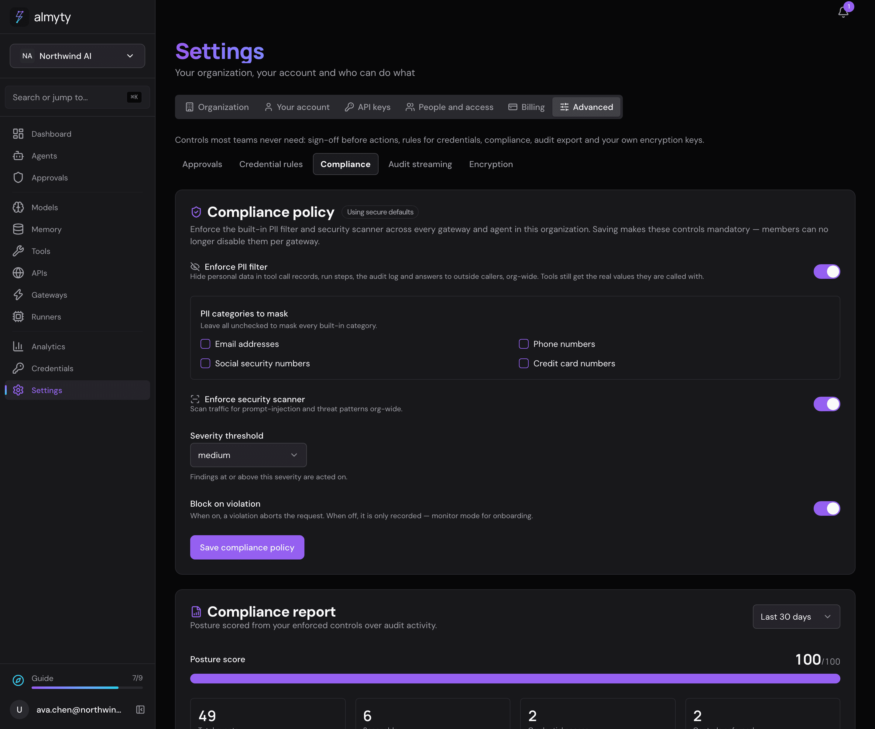 Compliance settings showing the default policy and posture report