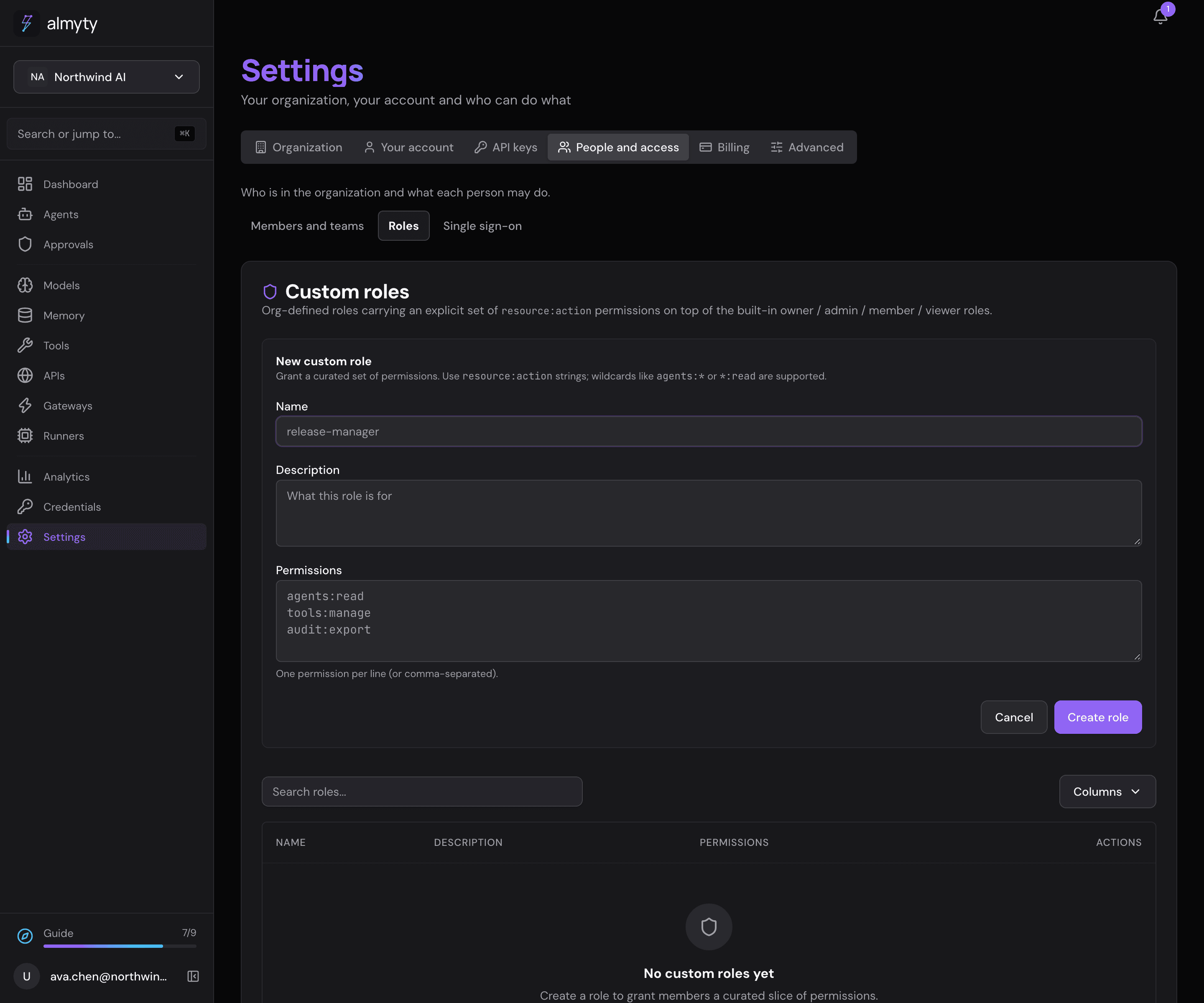 New custom role form with name, description and permissions