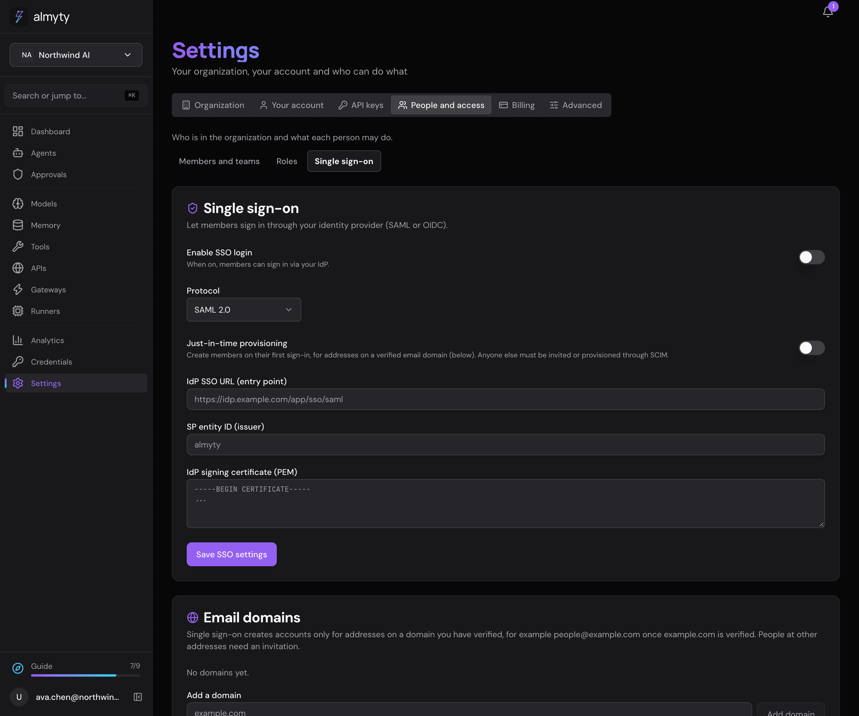 SSO and SCIM settings, with SSO still switched off