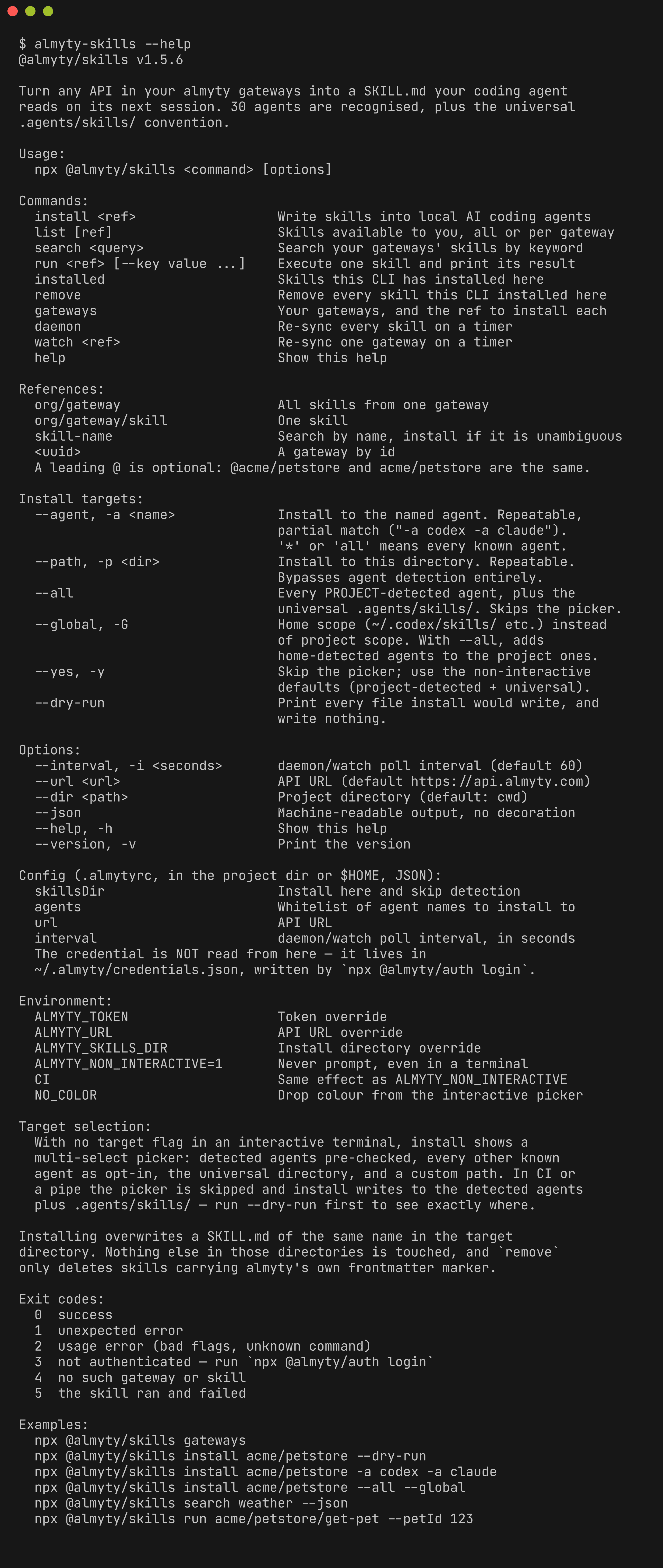 @almyty/skills CLI help