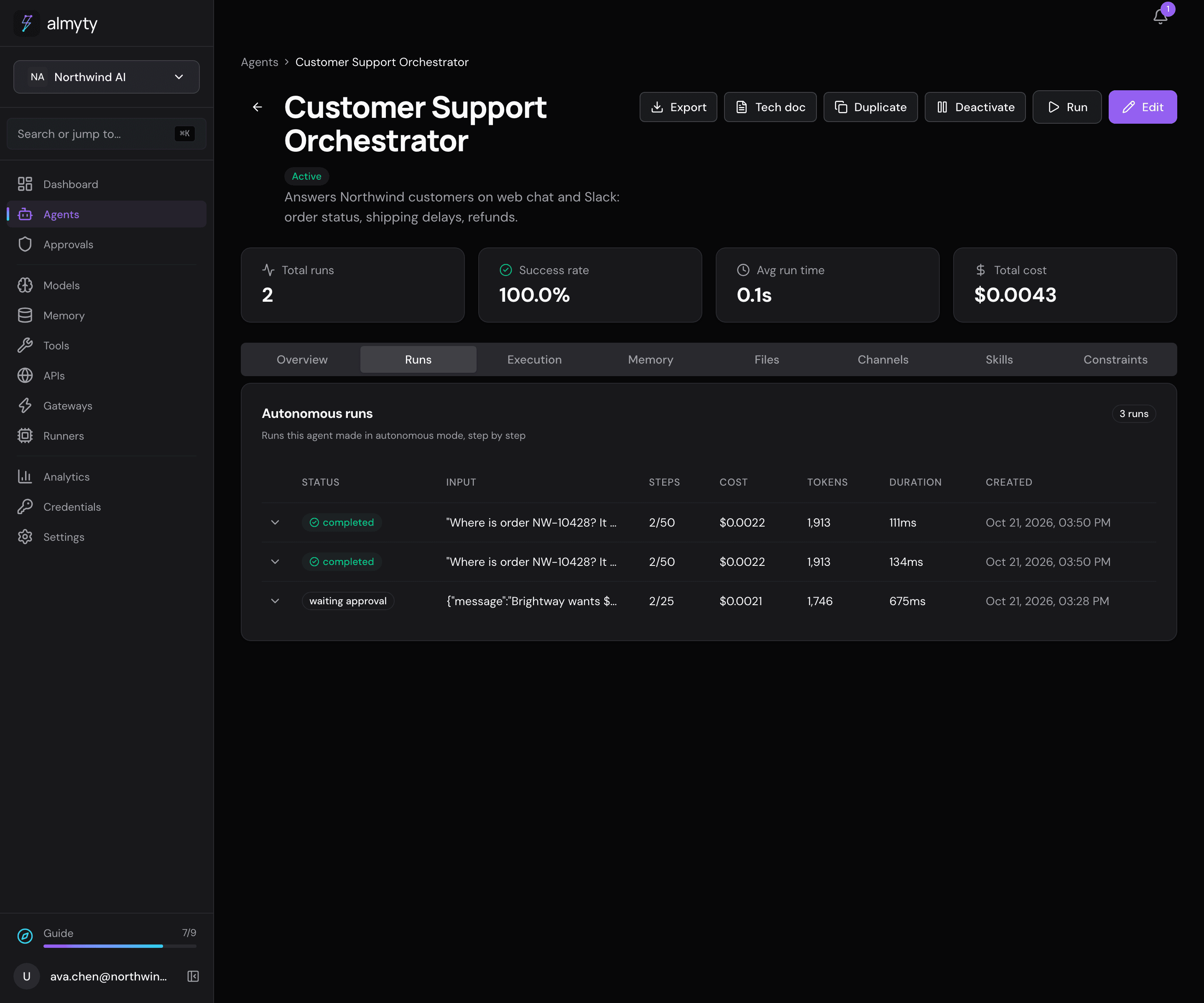 Autonomous runs, each showing its step count, cost, tokens, and outcome