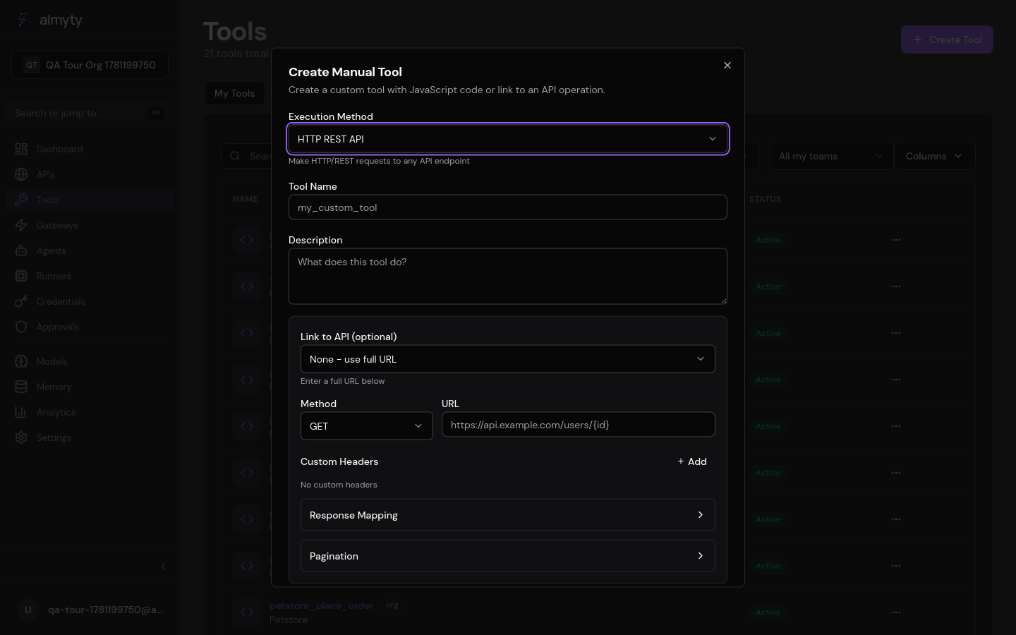 Create Tool dialog with the execution method picker set to LLM