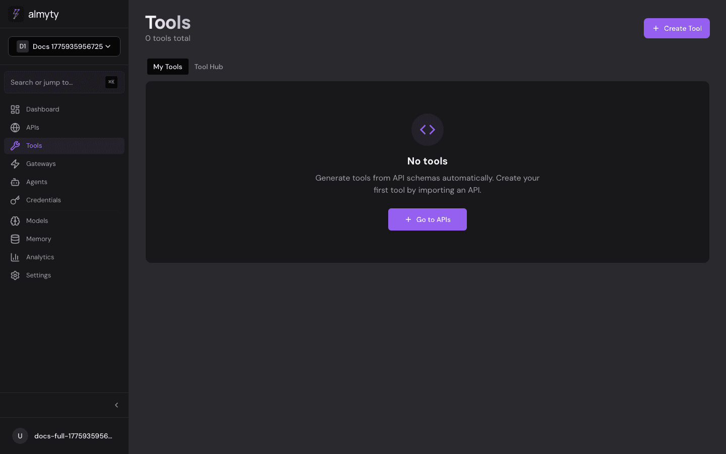 Empty tools page with quick-start actions