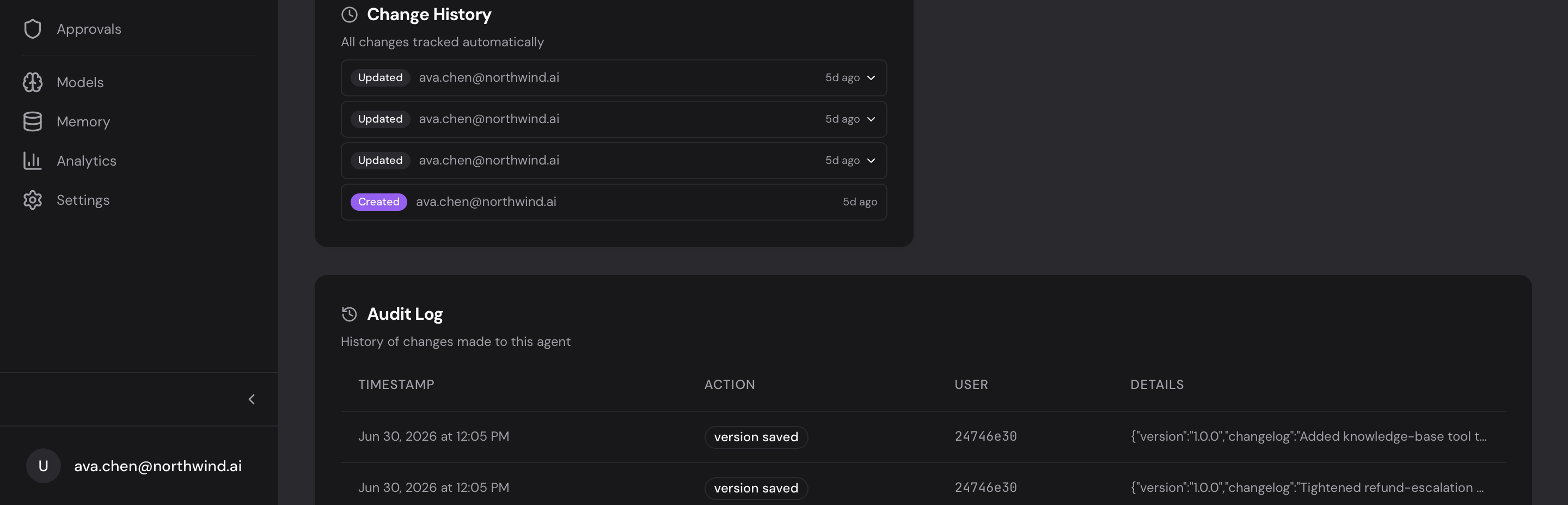 Change History and Audit Log on an agent: every change tracked, expandable to a diff, with version saves