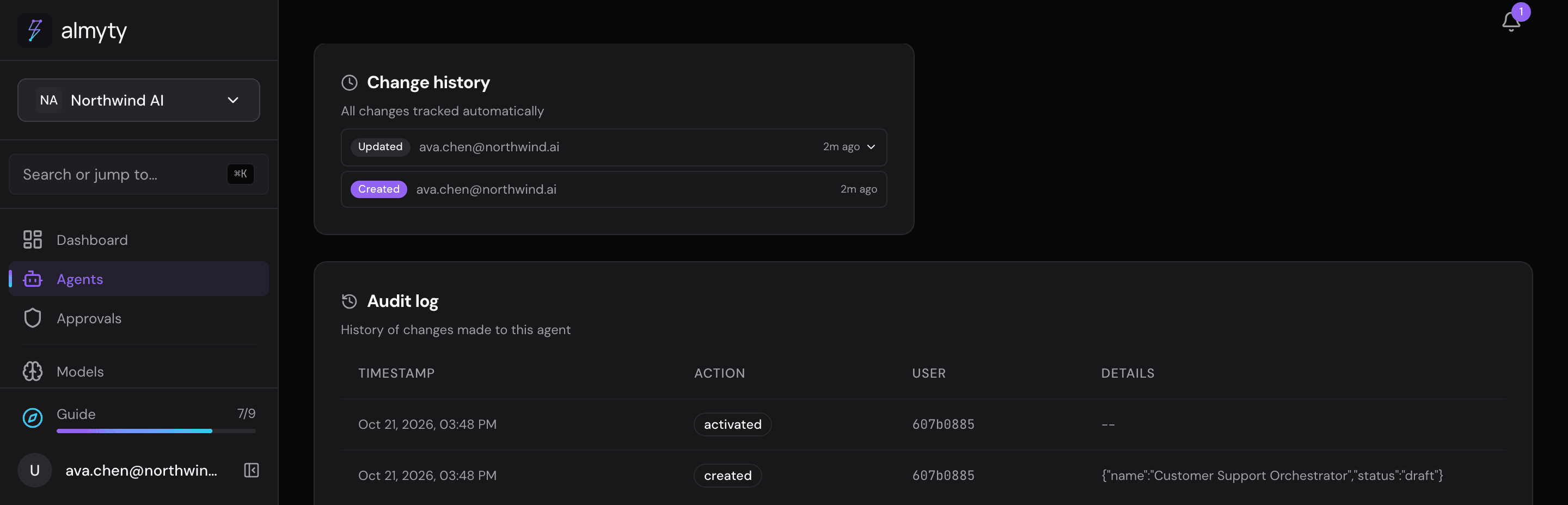Change History and Audit Log on an agent: every change tracked, expandable to a diff, with version saves