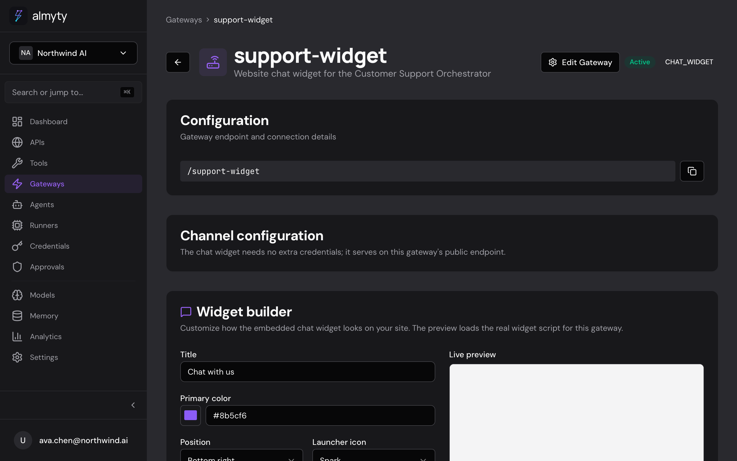 The widget builder: customize and preview the embeddable widget, then copy the snippet