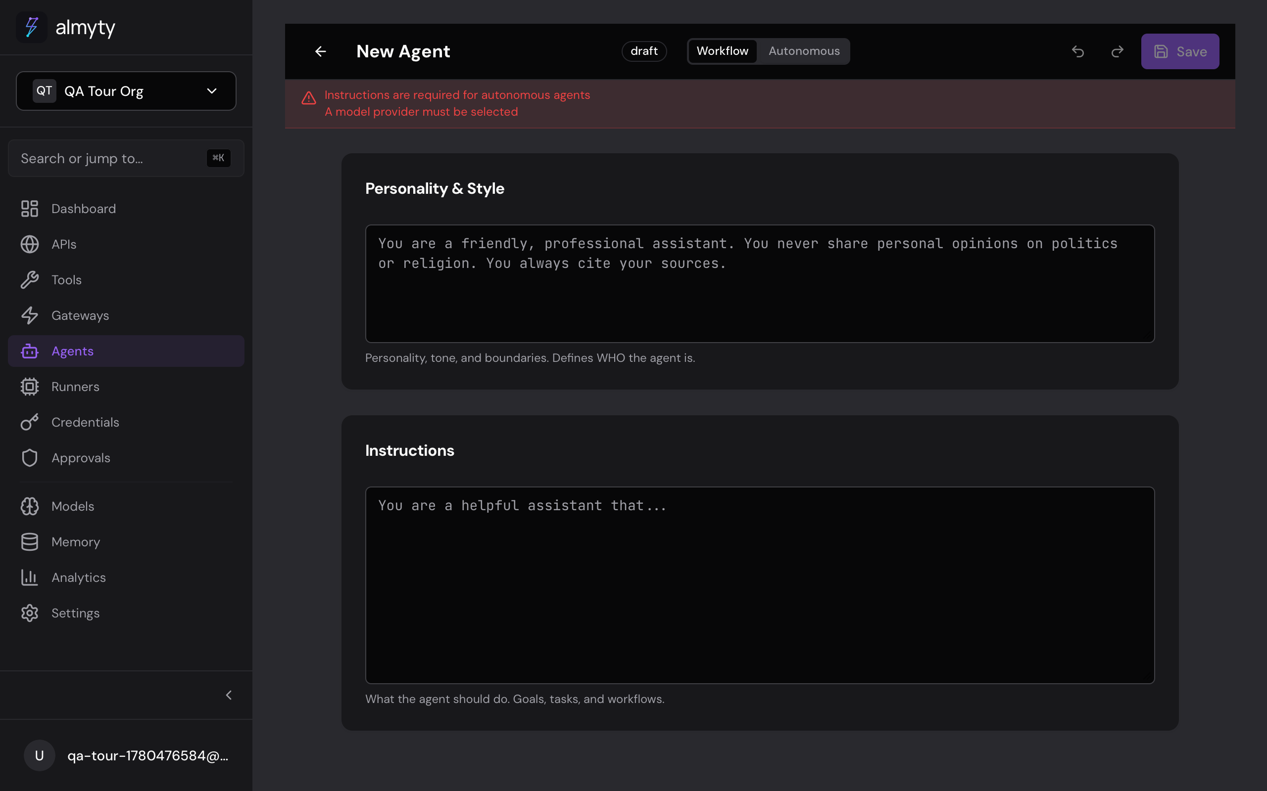 Autonomous agent configuration with instructions, tools, and the verifier panel