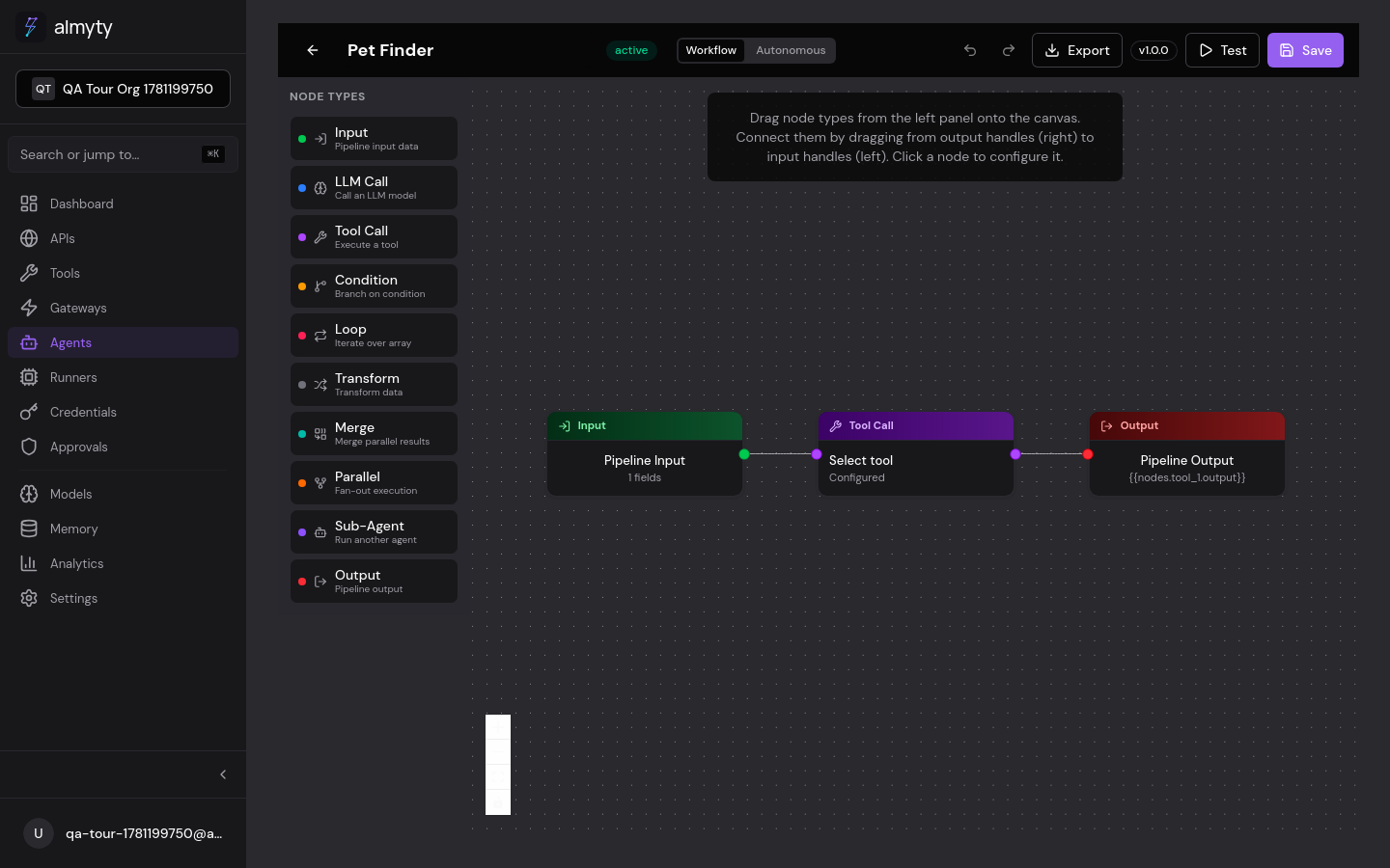 Agent builder canvas with typed nodes wired into a pipeline