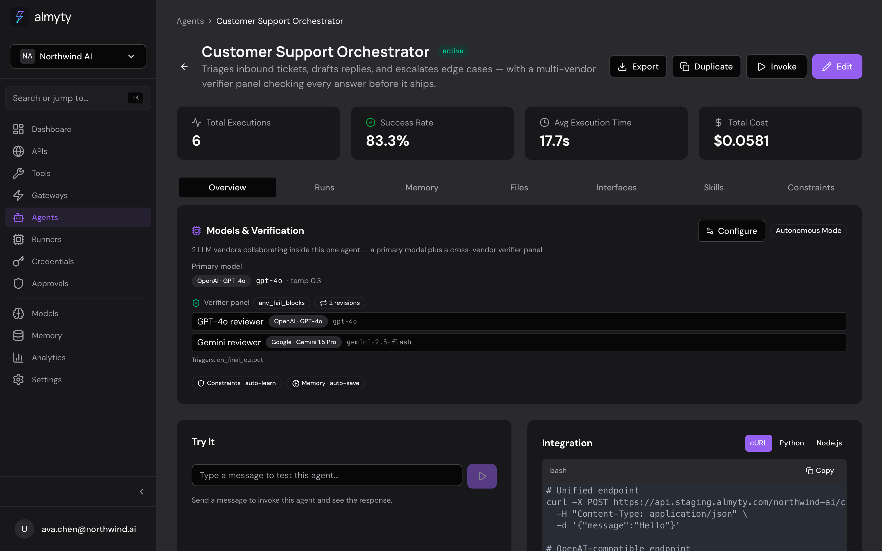 Agent detail overview showing configuration, tools, and recent runs