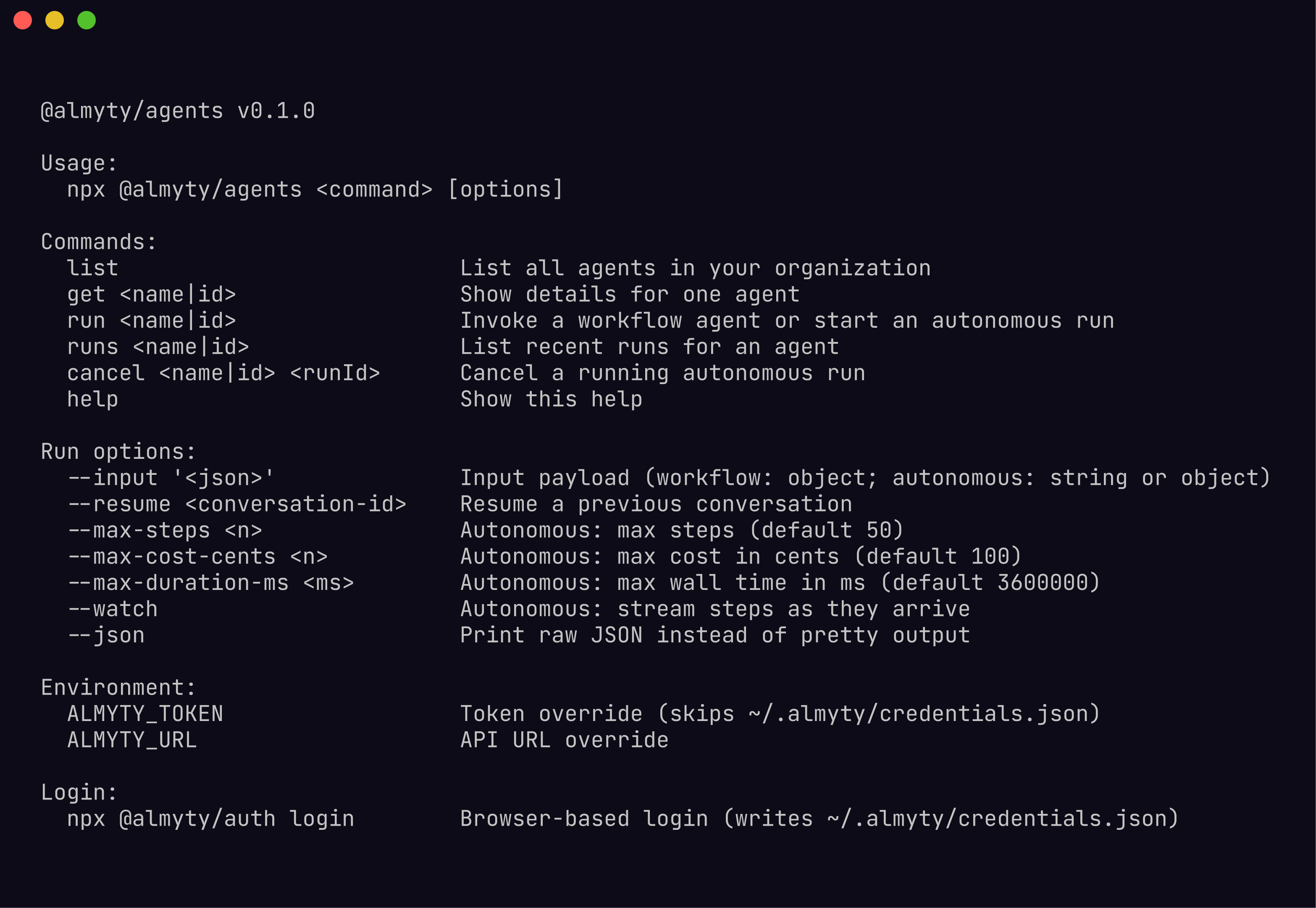 @almyty/agents CLI help
