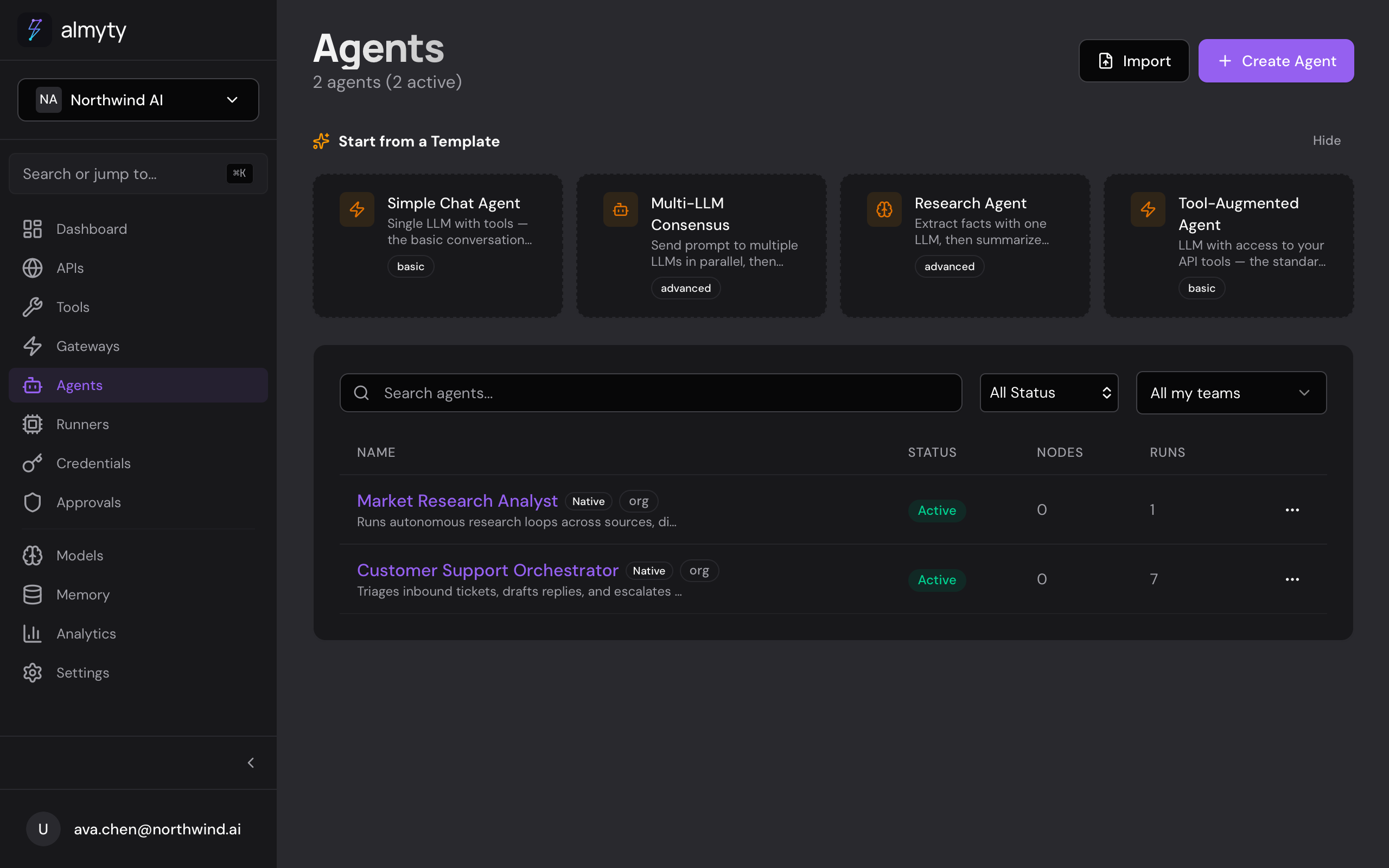 Agents list with mode, status, and last run