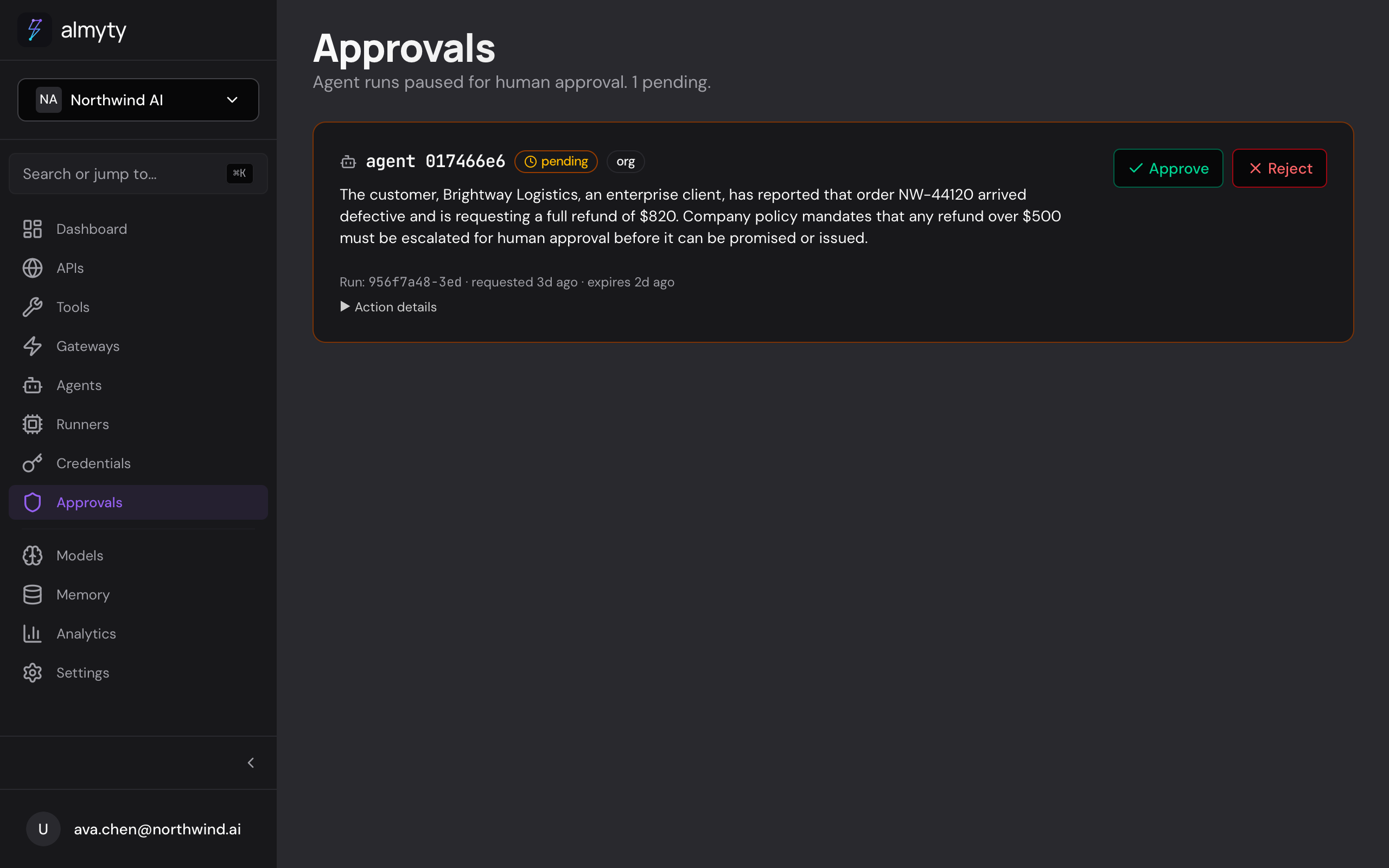 Reviewing a refund approval with its reason and amount