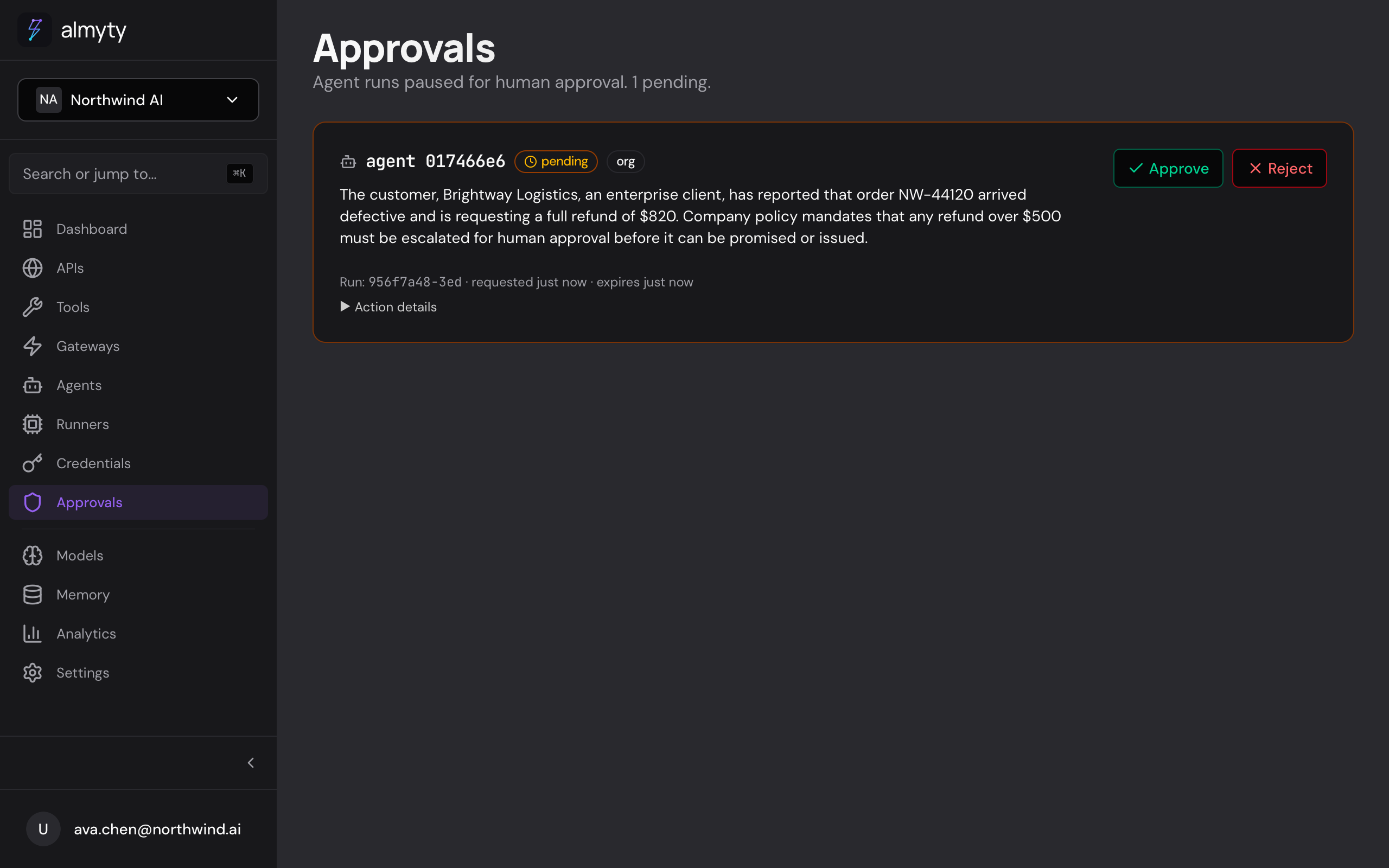 A pending approval: a paused run with its escalation reason and Approve/Reject
