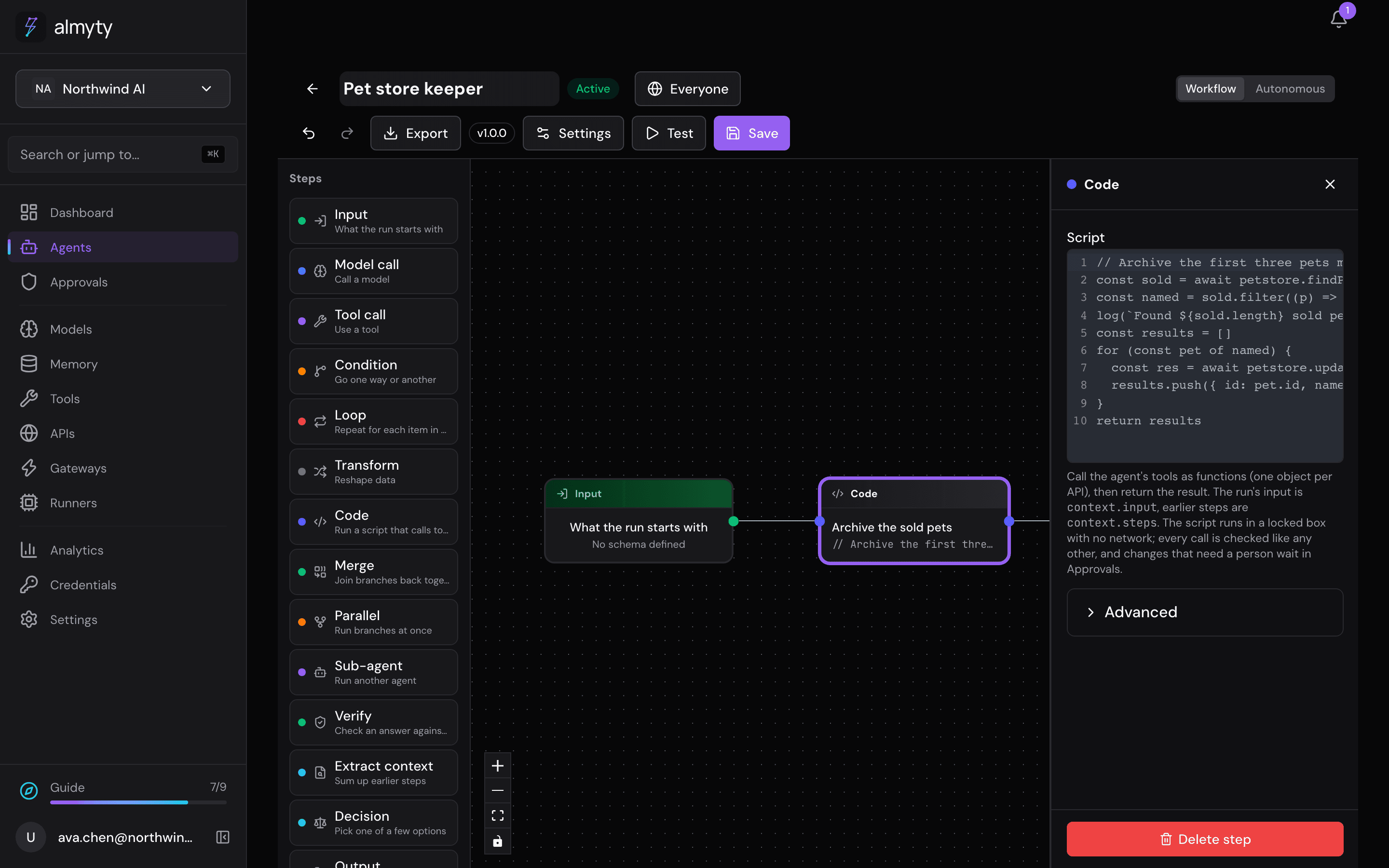 A Code step and its script in the builder